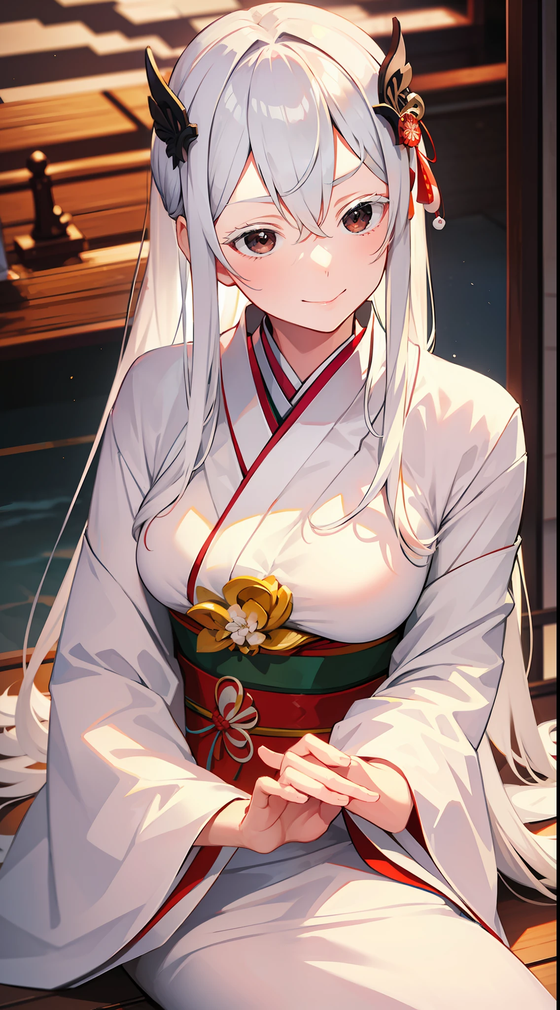 white kimono, at japanese festival, arrogant expression, domineering smile, masterpiece, best quality