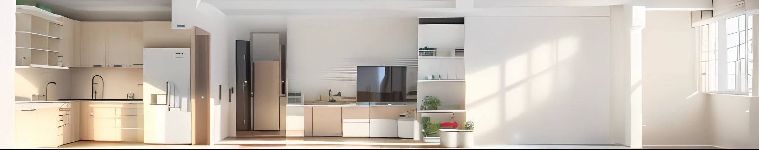 Rendering of a room with a washing machine and dryer,From kitchen to living room，Then to the section name rendering of the bedroom balcony， 4K， straight camera view, profile view perspective, , conceito，apartment design, (masterpiece),(high quality), best quality, real,(realistic), super detailed, (full detail),(4k),8k,