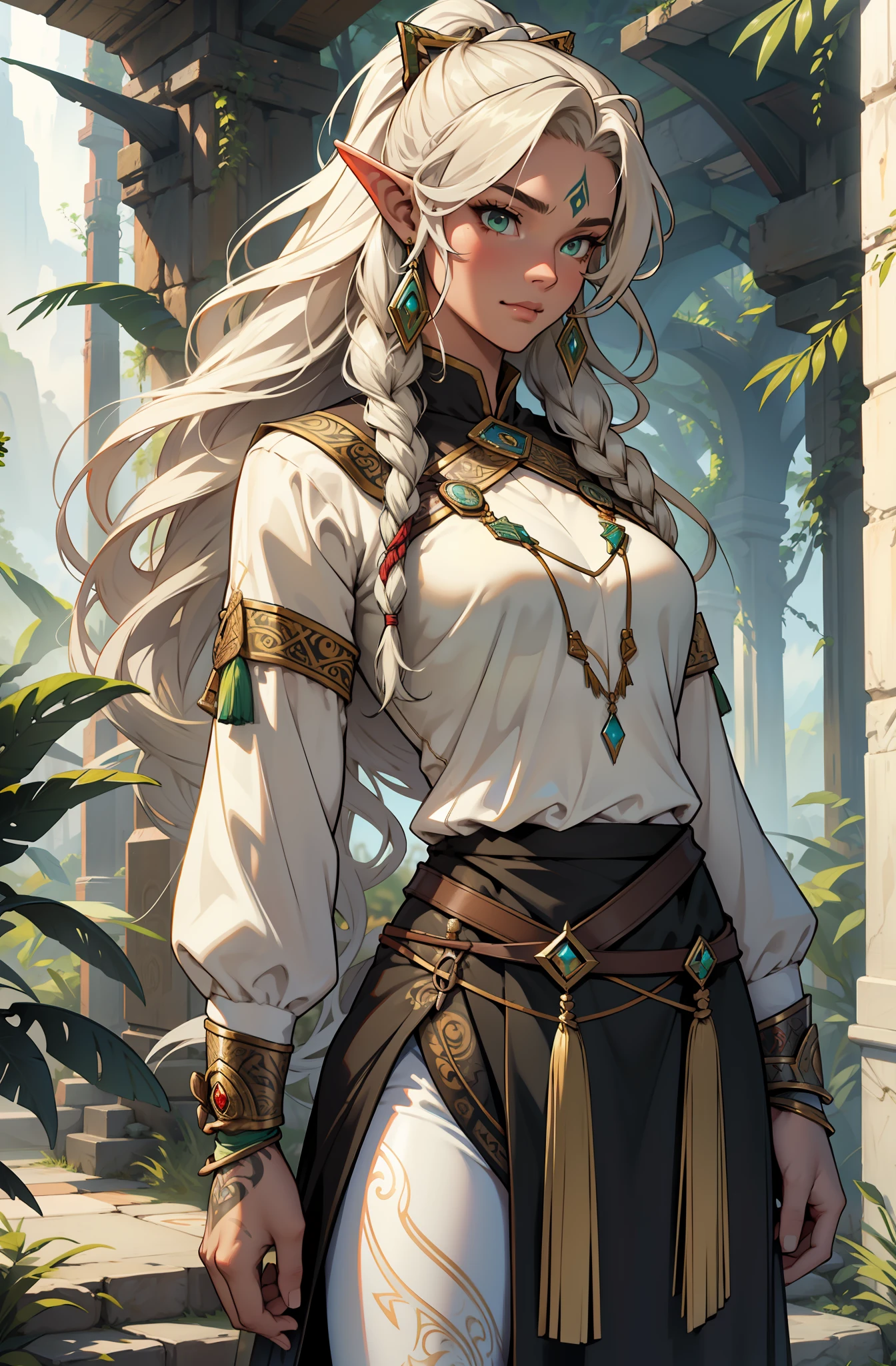 White leggings have clear facial features,Masterpiece,Highest quality,Elven female, Hot figure, Green long hair,Big wavy hair, bronze skin,heroic look,archer, Beautiful and determined, Feminine,Strong,Indian tribal ranger costume, shaman,Tattooed with,Facial details, The face is delicate,Beast animal skin skirt,ln the forest,archer,bow and arrows,blast,nature elements,
