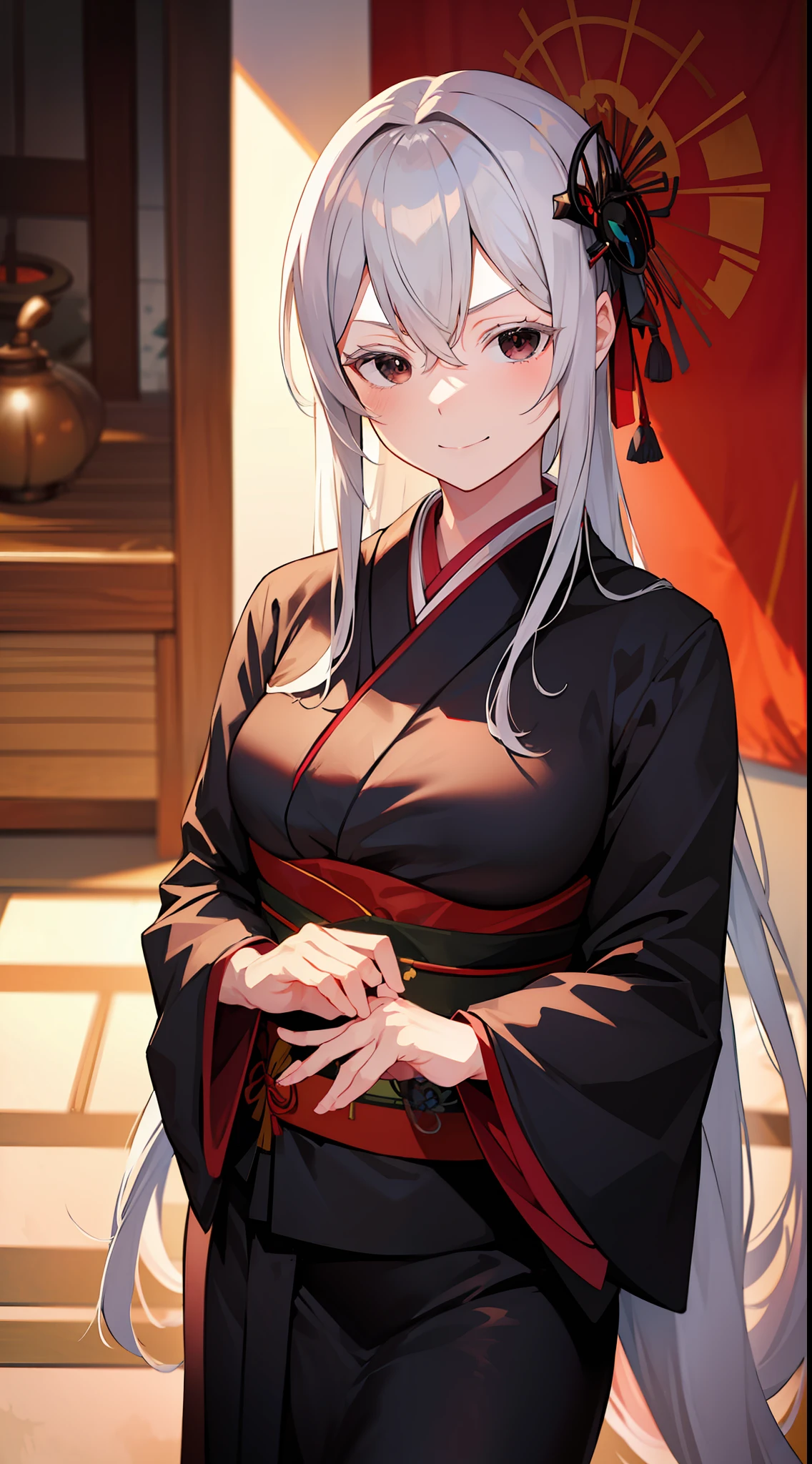 dark kimono, at japanese festival, arrogant expression, domineering smile, masterpiece, best quality