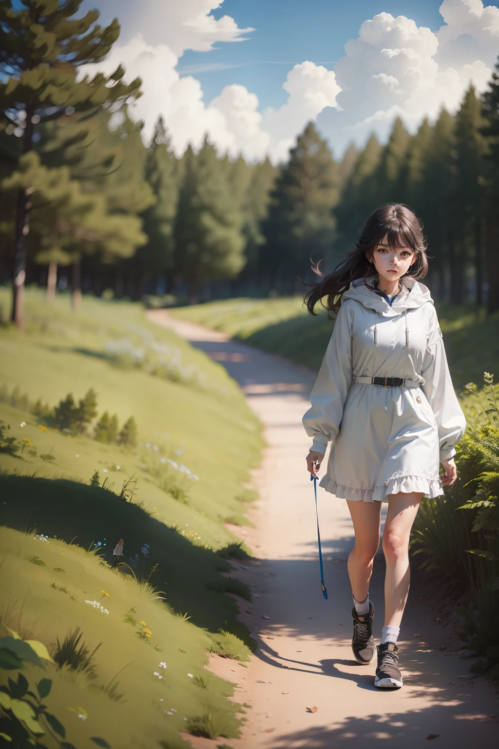 with blue sky and white clouds,ln the forest,There is one girl,taking a walk