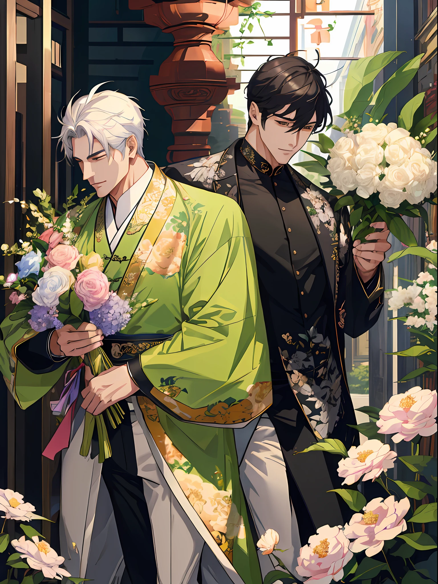 (in 8K, hight resolution, ultra-detailliert), Gay Couple, 1 man and 1 man, Mature, Elderly Knight、校服、Mafioso、Animal ears,、florals、Lots of flowers nearby、shenron、extra detailed face