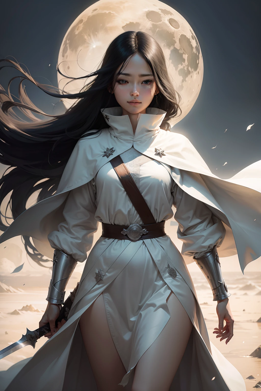 Ancient sword，Manteau blanc，themoon，Impeccable,Long black hair,ssmile, Atmospheric perspective, Best quality，Ancient wind，Close your eyes