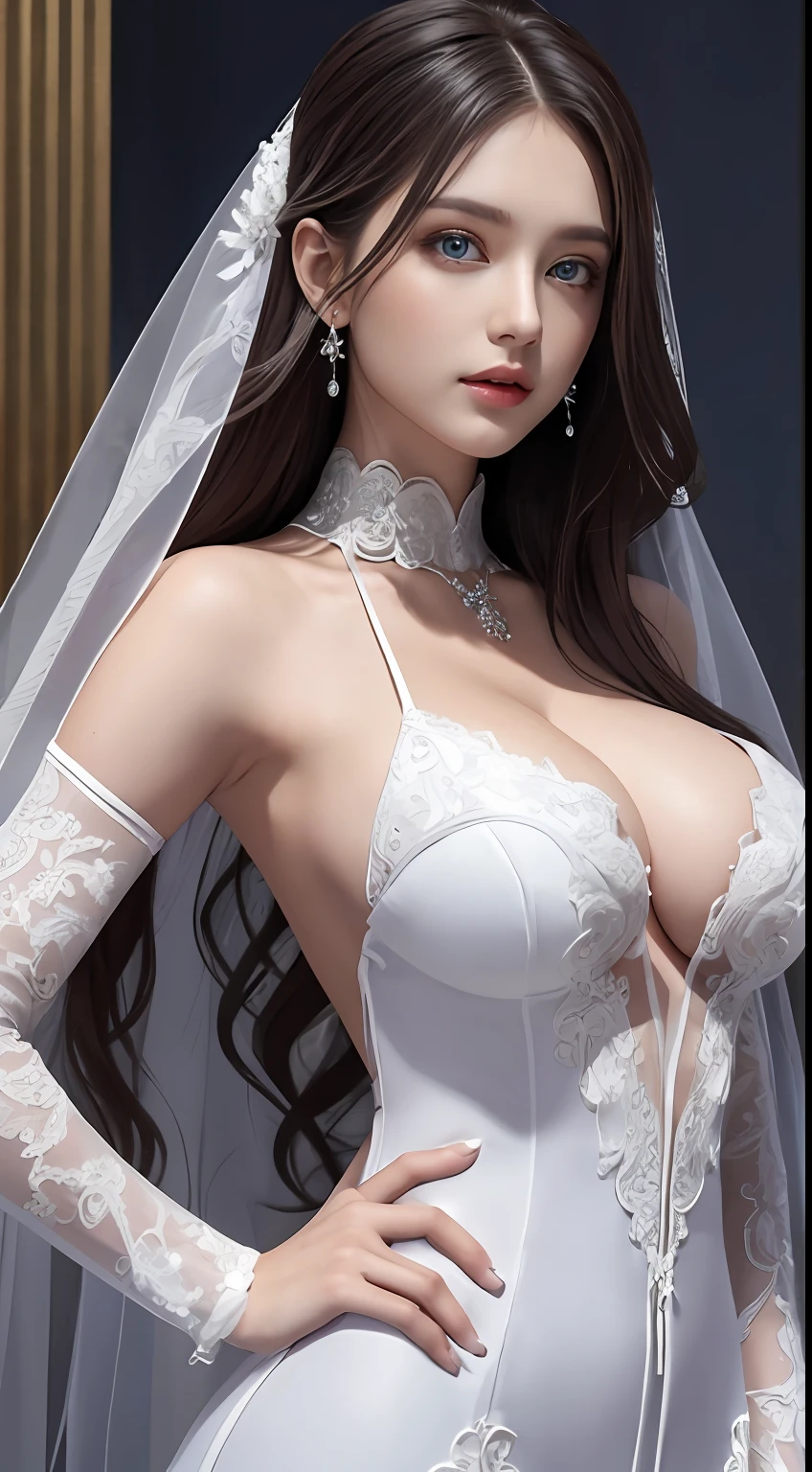 (tmasterpiece:1.3),(big breasts beautiful,astounding:1.2),(best qualtiy:1.3),(ultra - detailed:1.2),2girls,full bodyesbian,Wearing a white wedding dress,Only cleavage leaks,(Super detail skin:1.2),(glistning skin:1.1),(perfect anatomia,Extremely refined and beautiful:1.2),silber hair,long whitr hair,eBlue eyes,(beatiful detailed eyes:1.2),Looking_at_peeping at the viewer,ssmile,with her mouth open,stylish posing,hiddenhands,Sacred costumes,liveroom