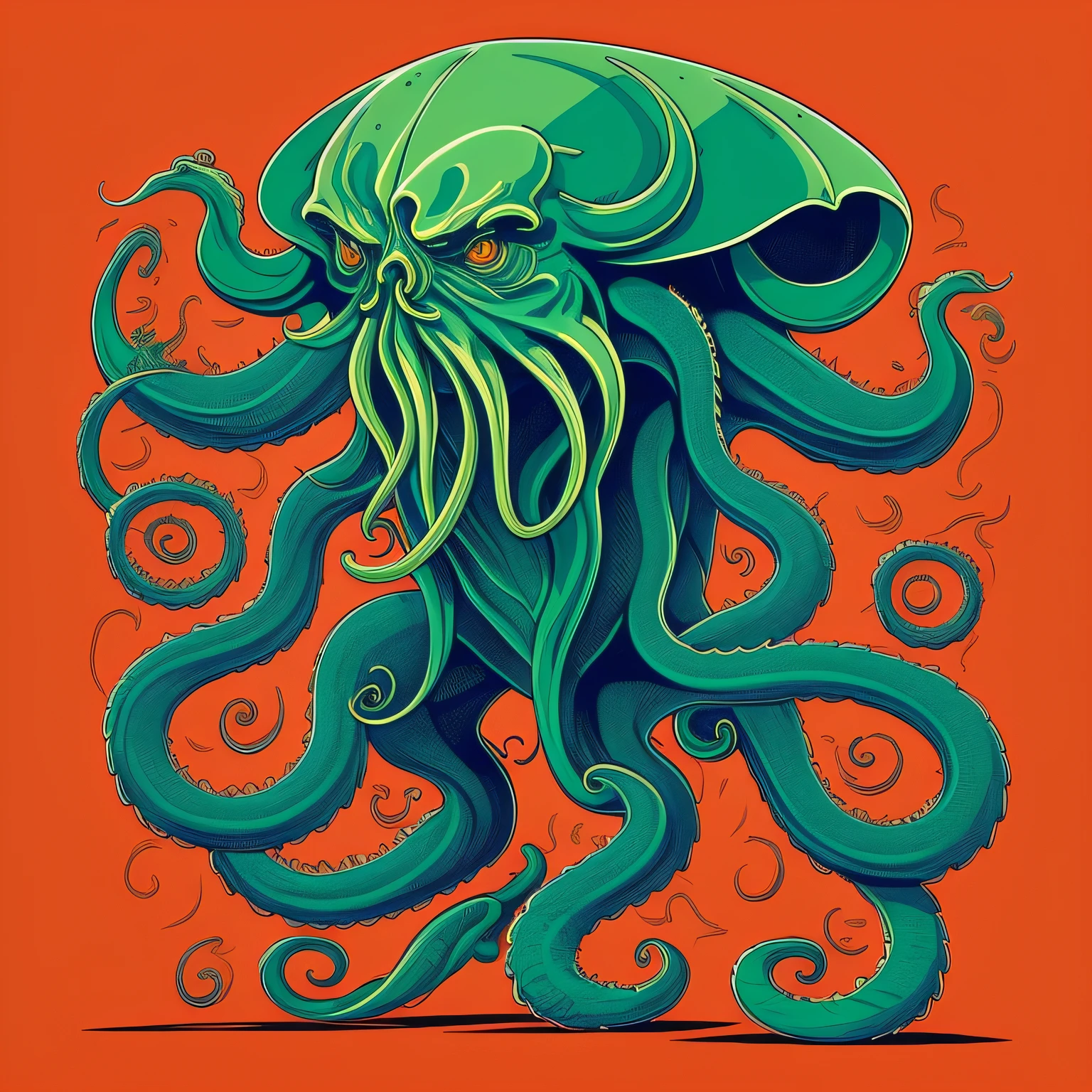 High-quality line-art T-shirt design showcasing the full render of the elder god Cthulhu, featuring bold outlines and vibrant colors. symmetric design, full body render, superhero pose