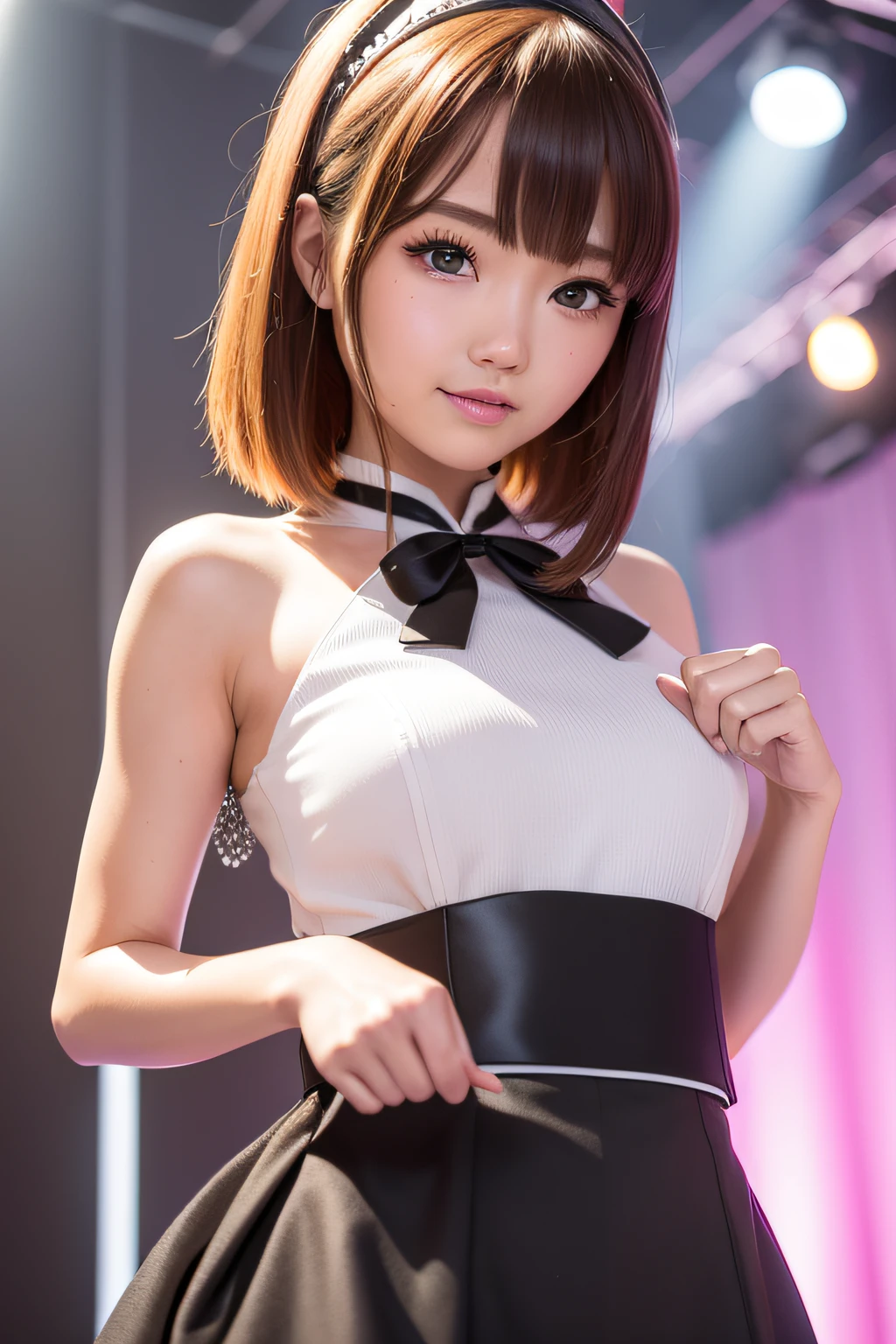 1womanl,(realisticlying,realisticlying:1.5),(tmasterpiece),(best qualtiy:1.4),(hyper HD:1.2),(RAW photogr:1.2),(sharpfocus:1.3),(Face focus:1.2),japanaese girl,Professional clothing,(young :1.1),(joyful smile:1.5),(Hairy cuts:1.6),(Japanese idol costume white,Black and pink:1.4),(beautyface:1.7),(Beautiful dress in detail:1.4),Gothic maid,(Professional photos of Japanese girls), middlebreast, (: 1.3), (Wide open chest),short detailed hair, (Detailed redheads), (twosideup), (peeping at the viewer: 1.2), (Music DJ cover art: 1.1), ( Music Design Art Stage: 1.4), (simple grey background: 1.6), Gorgeous golden lights, Break, (The large), beatiful detailed eyes, (adolable)