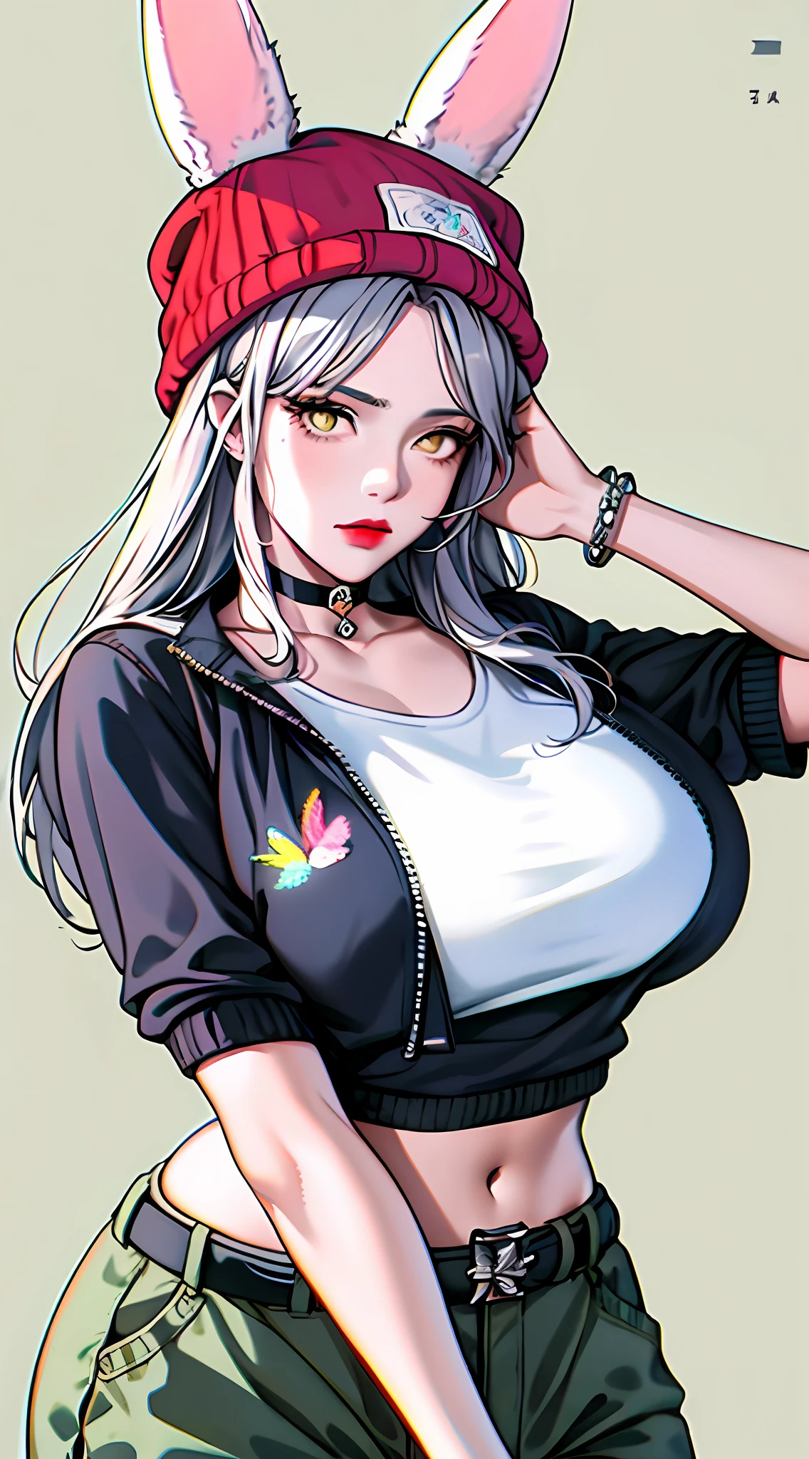 1girl, (masterpiece:1.4),(best quality:1.4),(shiny skin),red lips,huge breasts,upper body,fashi-girl,realistic anime, 8k, cinematic, dramatic,1990s \(style\),masterpiece,best quality, highest quality, screencap, big breasts in oversizes sweater, cozy winter hat beanie with bunny ears,(flopped_ears), striped hat, edgy aesthetic, grunge clothes, tattered sweater with a dress shirt underneath, belt with butterfly chains, cargo pants, knife, platform sneakers, silver adornments and accessories, choker with flower design, cute print, pattern background that is cute, the color palette is muted and pastel colors only, (color palette is: muted pink , very soft pastel yellow, white, gray), dynamic pose, beautiful background, detailed, intricate, beautiful and delicate face, detailed and shiny eyes, serious expression, street , city, night, 1990s \(style\)
