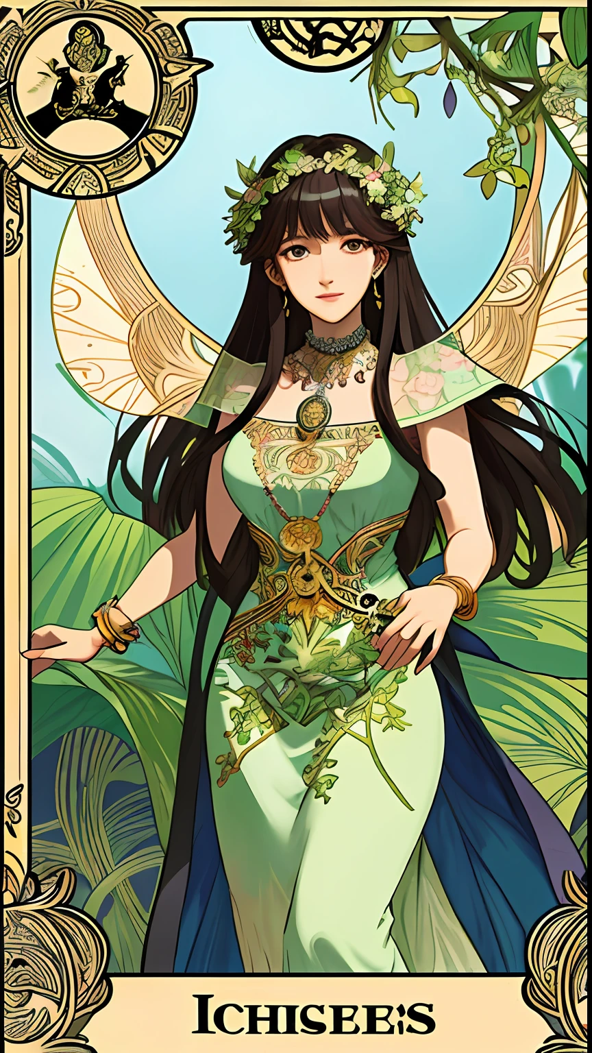 masterpiece, best quality, Alphonse Mucha, art nouveau,
(tarot card style:1.3), unique tarot card framework incorporating floral and greenery elements,
blunt bangs, black straight long hair, looking at viewer,
Amidst a verdant garden, a mystical maiden in a blossoming gown dances with ethereal creatures, bathed in sunlight that illuminates flourishing flora and ancient tarot symbols,
roses, lilies, cherry blossoms, irises, foliage, moss, and vines, elegant dresses inspired by nature, accessories including flower and leaf-designed necklaces, earrings, rings, bracelets, hair ornaments, butterflies, birds, bees, tarot symbols reimagined with floral and greenery designs, goddesses, natural backgrounds like gardens, forests, lakesides, effective use of light and shadow,
realistic, hyper realistic lifelike 3d, zentangle,