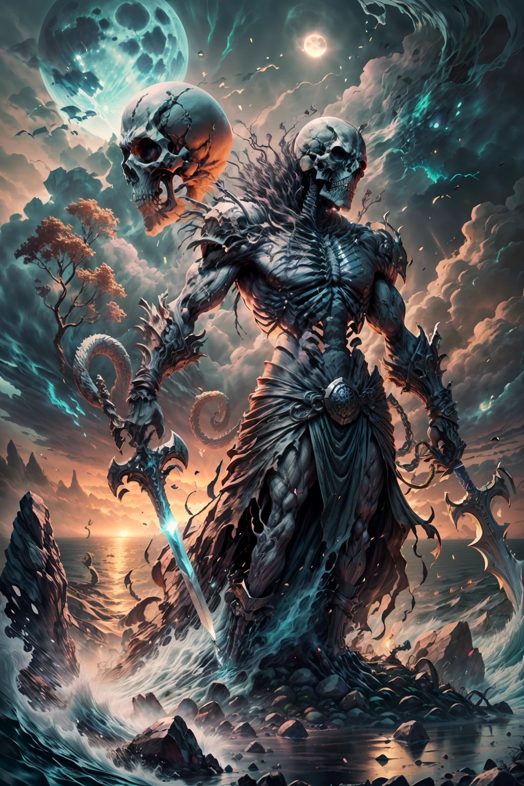 Best image quality, Masterpiece, super high res,
CASSER
"Imagine a chilling scene of a skeleton warrior standing atop an ancient tomb, Wrapped in the strange glow of the full moon. The warrior is adorned with ancient armor, rusty by age and worn out in combat, with a bar that glows ominily in the moonlight. CASSER Dans une main, The warrior holds a wickedly sharp sword, while the other hand is outstretched, as if beckoning you to get closer. The tomb under the skeleton is richly decorated, with intricate carvings of snakes and skulls carved into stone. PAUSE The air is thick with the smell of decay and ancient magic, As if the tomb itself were alive with dark power. The eyes of the skeleton warrior shine with an otherworldly light, et vous pouvez presque sentir le poids de son regard sur vous. PAUSE In the background, The silhouette of a haunted forest looms, avec des arbres tordus et des branches noueuses atteignant le ciel comme des doigts squelettiques. The tomb itself is perched on a cliff overlooking a raging sea., the waves crashing against the rocks far below. PAUSE This image captures the essence of black fantasy and evokes a sense of apprehension, As if the skeleton warrior was a harbinger of doom, Stand guard over the secrets buried in the ancient tomb."