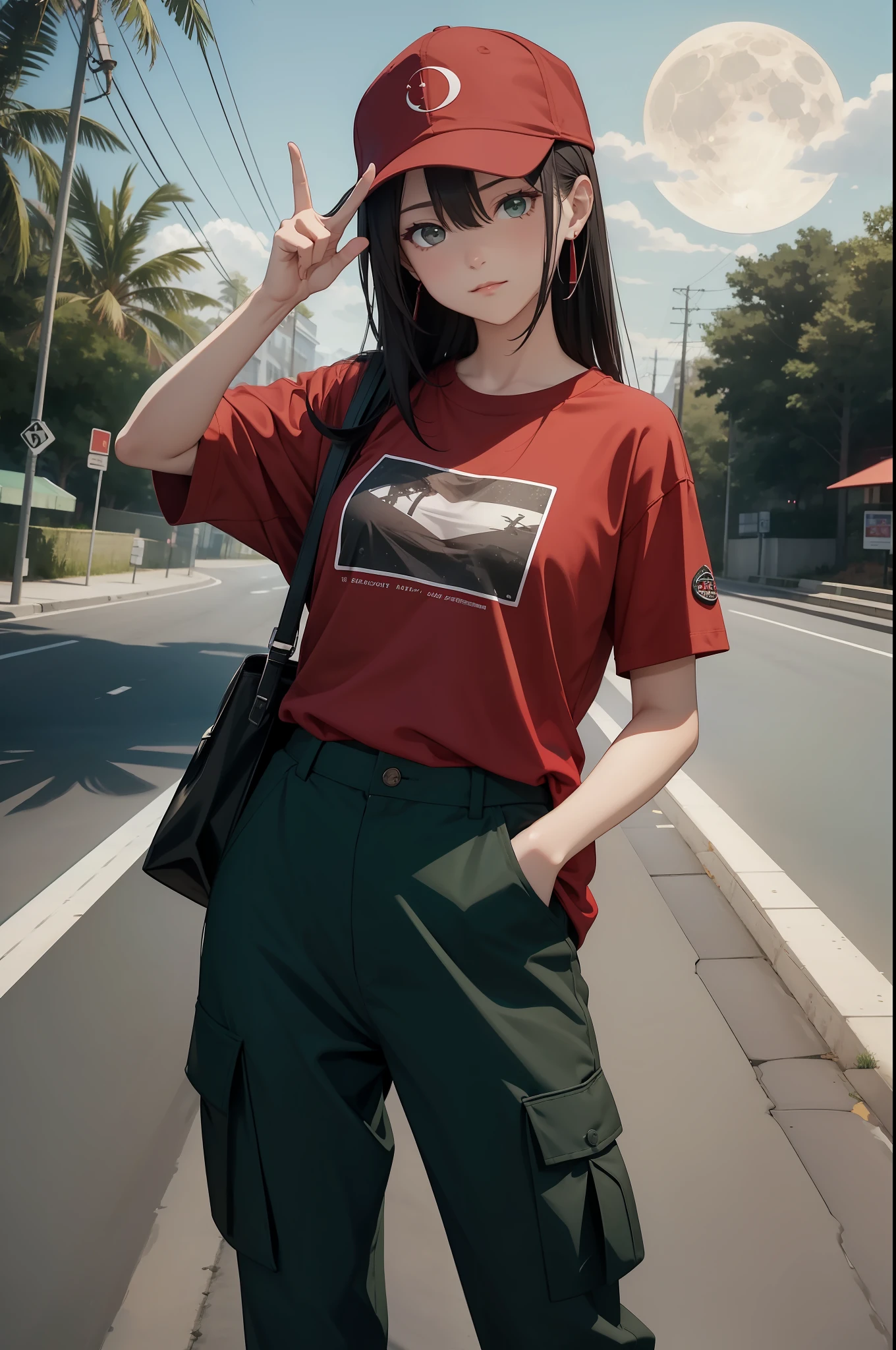 tmasterpiece，best qualtiy，one-girl，One finger points to the moon，Red T-shirt，Dark green cargo pants，Black cap，the night，There are reeds on the side of the road，Seaside at night，paths