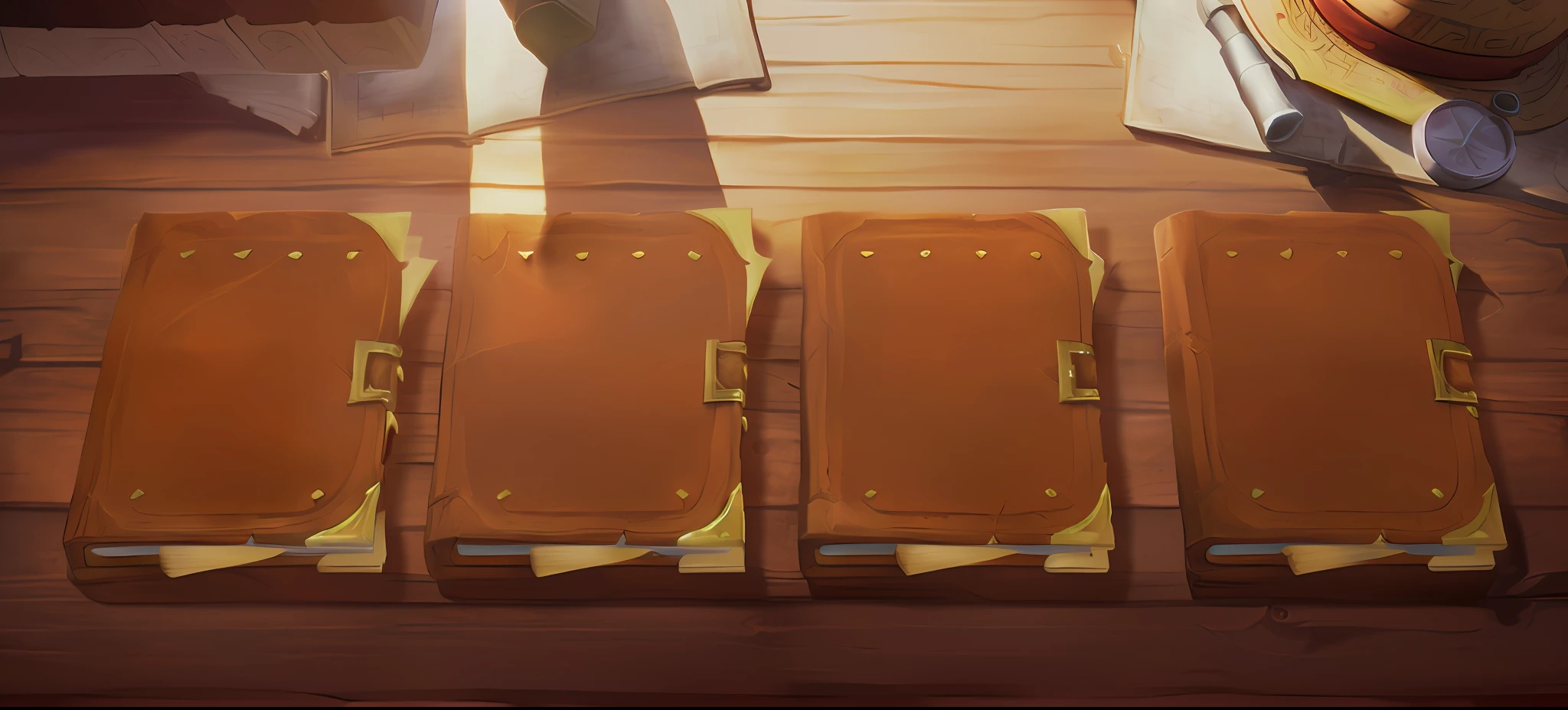 There are four books on the wooden table,There are also telescopes and compasses on the ancient wooden table。On the table stood a book, alchemist library background, lost grimoire, Hearthstone card art, Wooden table with books, holding grimoire, makoto sinkai, hearthstone concept art, Stylized concept art, object concept art, card art, grimoire, Blizzard Hearthstone concept art, highschool background, tavern background,extremy detailed,realistic raytraicing,Epic composition,(Complicated details),(Complex design,hyper-detailing:1.2),art stations, (tmasterpiece,best qualtiy),hyper HD,32k --v 6