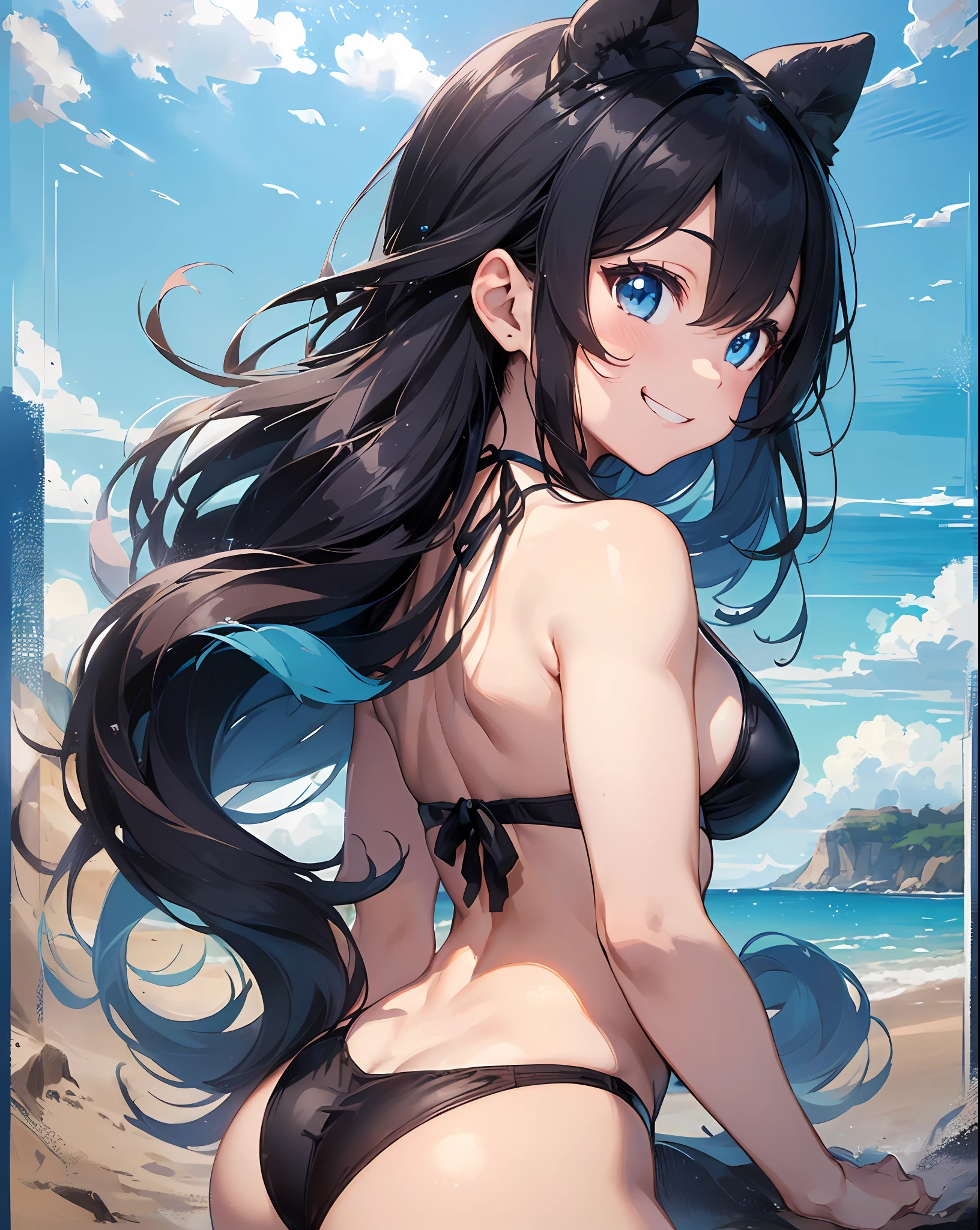 ((masterpiece))、((top-quality)、(Super Detail)、8K、Delicate depictions are filmed in anime style。
(From below)、(Very long hair、Black hair and bright blue eyes、)、Half Twin Tail、Her blue eyes are highlighted。
The overall tone is brighter、she is smiling。sand beach, Summer, Black and white bikini,frilld、 Spiteful smile, posterior view、Turned、kawaii pose、