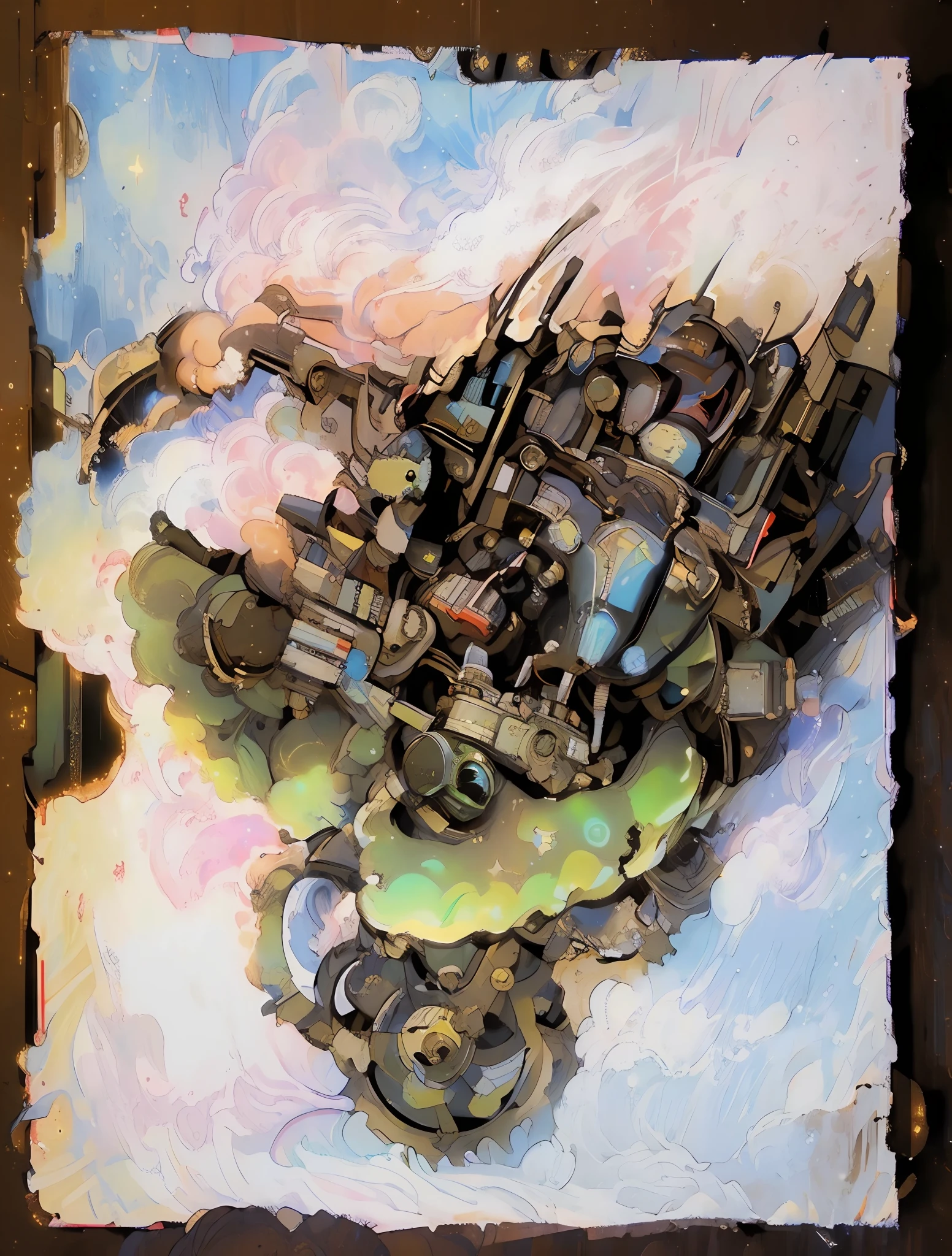 masterpiece, best quality, extremely details, gear, blue, yellow lights, stars, universe, lightings, sci-fi, factory on the back, cloud, factory, ((no human)), smoke