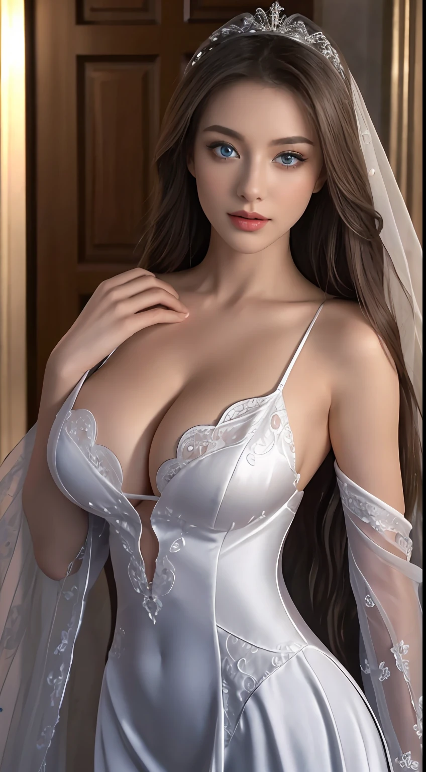 （big breasts beautiful，astounding：1.2），（best qualtiy：1.3），（ultra - detailed：1.2），2girls，full bodyesbian，Wearing a white wedding dress，Only cleavage leaks，（Super detail skin：1.2），（glistning skin：1.1），（perfect anatomia，Extremely refined and beautiful：1.2），silber hair，long whitr hair，eBlue eyes，（beatiful detailed eyes：1.2），Looking_at_peeping at the viewer，ssmile，with her mouth open，stylish posing，hiddenhands，Sacred costumes，liveroom