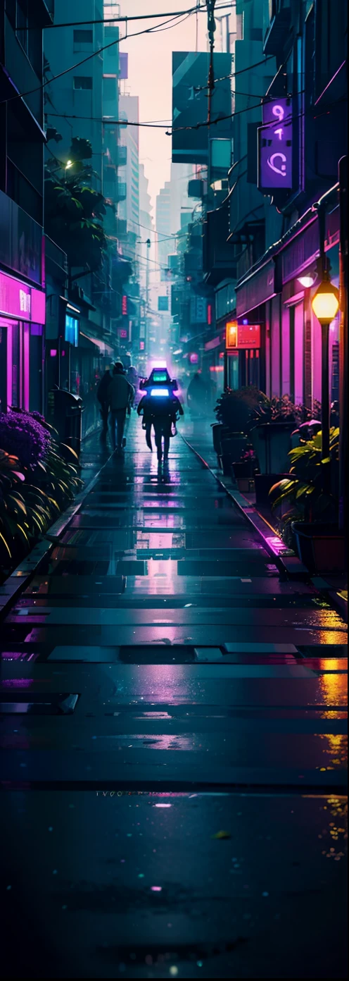 Purple light,Headgear lens,the street,The city at night,Green plants that break through the ground,jungles,Slightly networked,Empty,neonlight(with dynamism,photograph realistic,realisticlying,dramatics,darkly,Clear focus,8K)