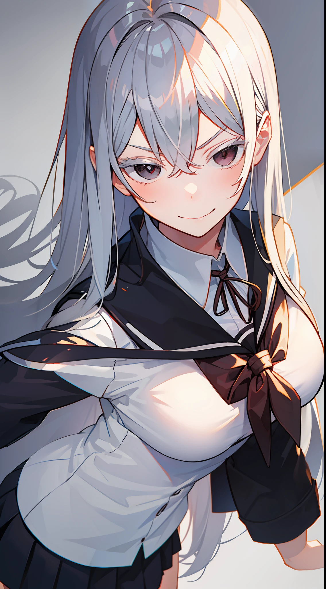 school sailor uniform, at school, arrogant expression, domineering smile, masterpiece, best quality, silver hair