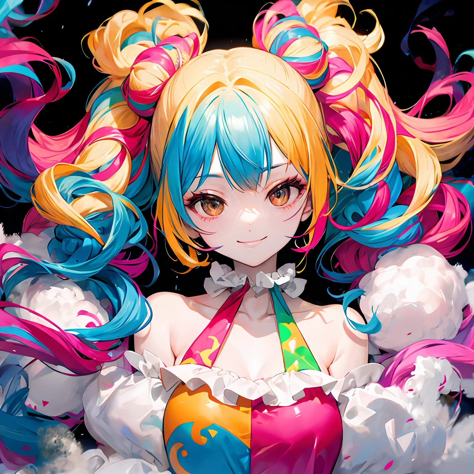 clown,smile,twintails,(wavy multicolor hair:1.2),(smokeanywhere:1.4)