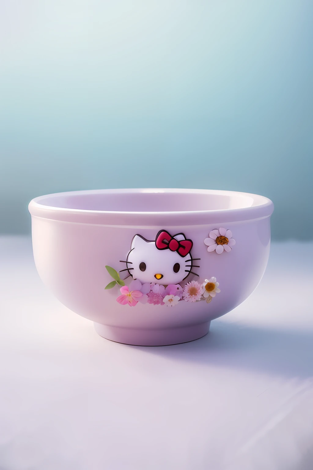 There is a Hello Kitty bowl，It has a pink bow on it, Daisy and lavender flower crown on picnic table cloth，midday outdoor lighting，open air，nature backdrop，summer day，scorching weather，high detal，very humid humidity，high brightness，wet watermarks，Too much detail，ultra-realistic realism，the soft light，studio lit，diffused soft light，shallowdepthoffield， sharp fokus， bokeh effect， Ray tracing， sub surface scattering， Complex soft light， diffused soft light， highly detailed glass reflection， Ultrathin（Ultrathin）， Ultrathin） （thinness， hyper-detailing）， cinematic ligh， ultra-realistic realism， hardware， best qualtiy， 超A high resolution （realisticlying： 1.4）， A high resolution， the detail， Original photography， Clear reproduction， 4 Kodak Portra 400 stock camera， F1.6 shots， textures true to reality， Spectacular lighting， Not a real engine， Popular on ArtStation， There are up to 800 cinemas，