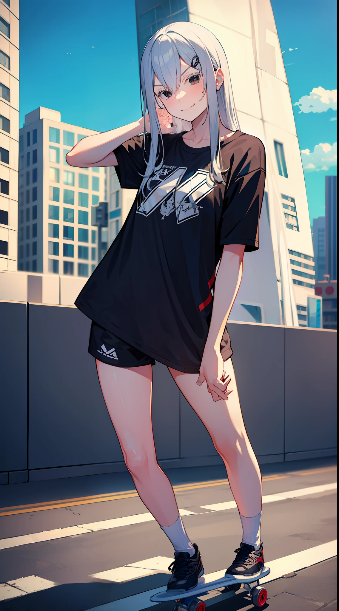 skater outfit, city, tokyo, sunny, arrogant expression, domineering smile, masterpiece, best quality, silver hair