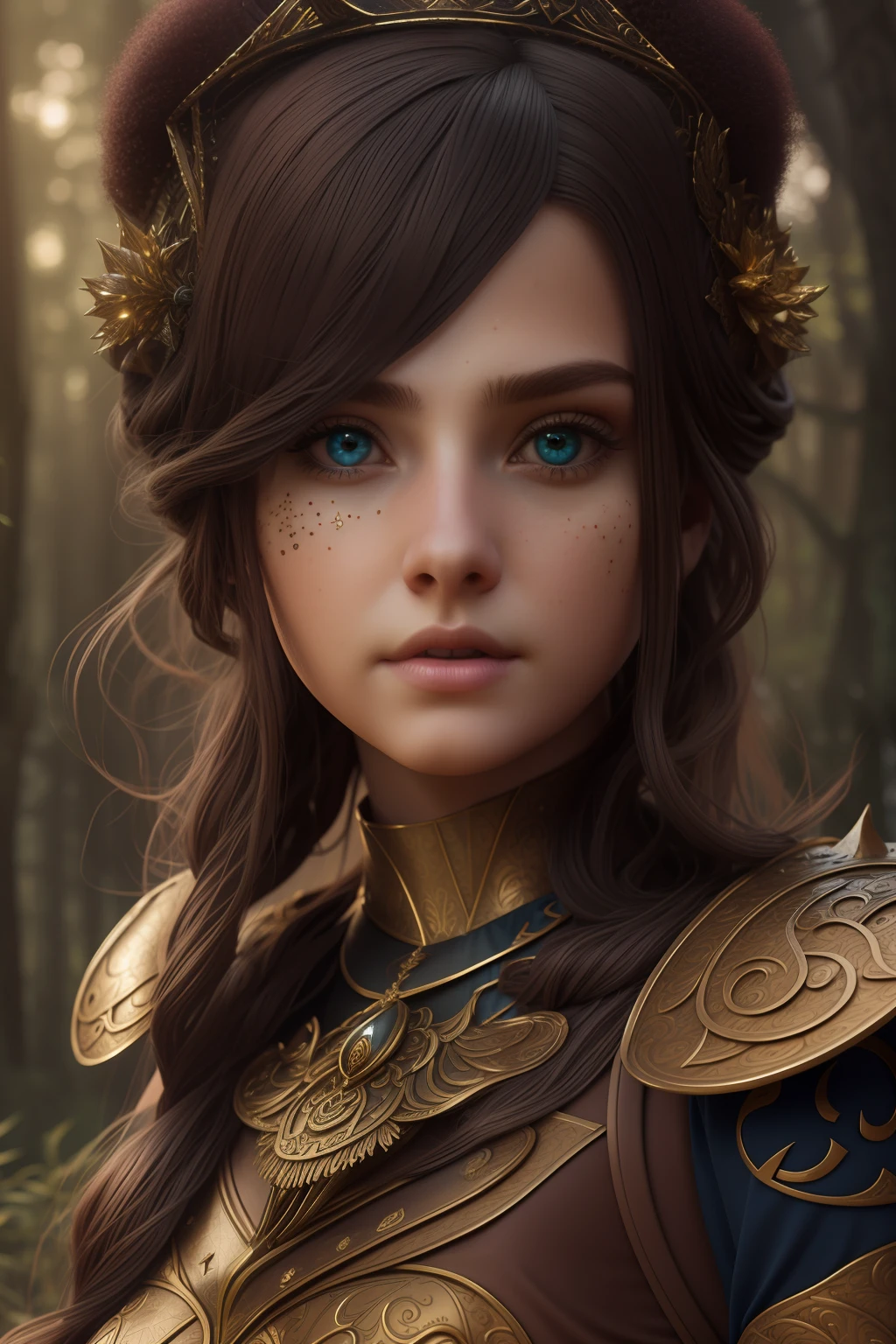 stunning girl, wearing a two piece fantasy outfit, ((huge bust)), long hair, mushroom fantasy world, camera, symmetrical eyes, symmetrical face, photorealistic, photography, path tracing, specular lighting, volumetric face light, path traced hair, visible shadows, intricate, elaborate, fantasy