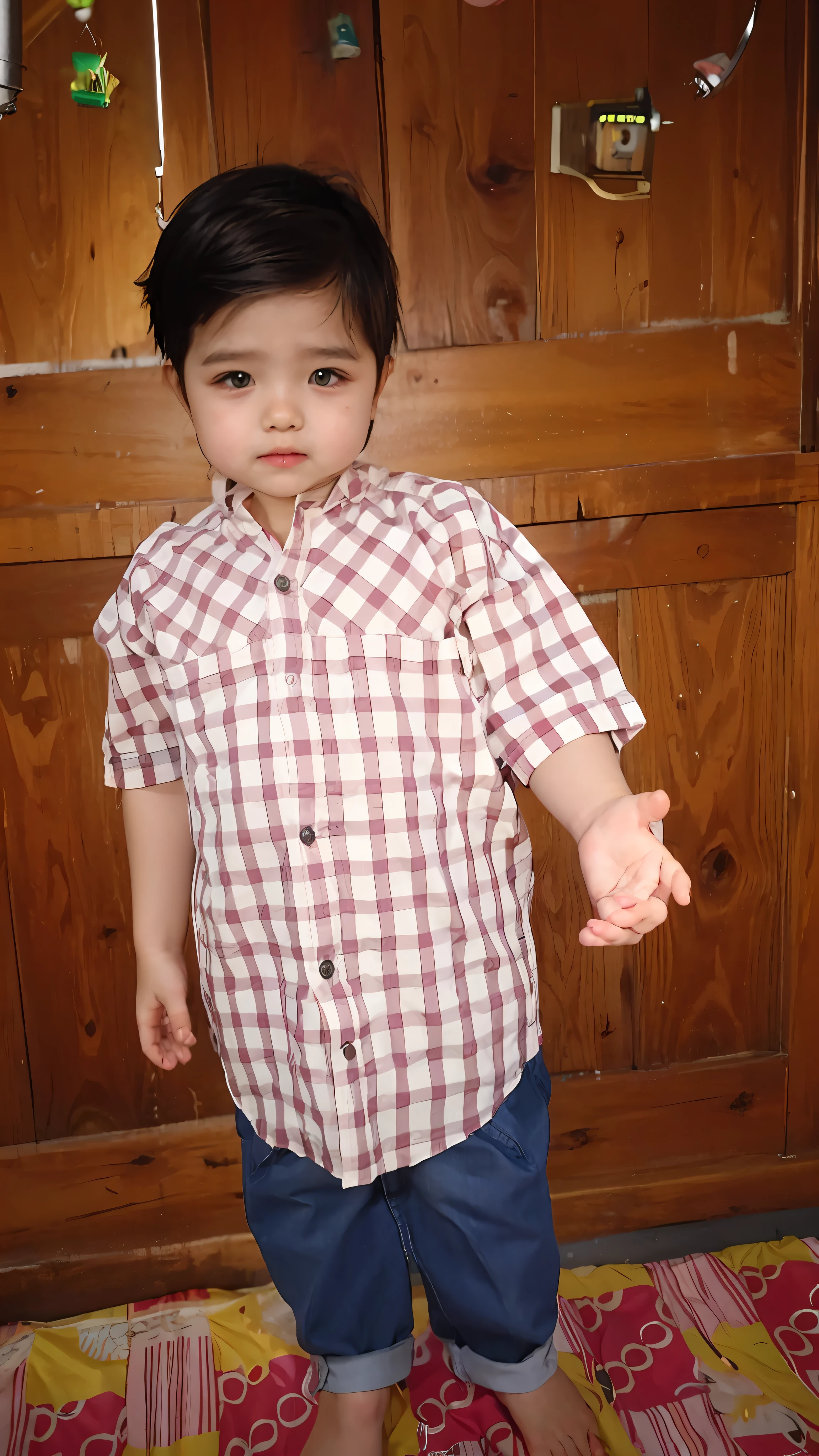 "A cute 3-year-old boy standing in a red and white checkered shirt with long jeans."