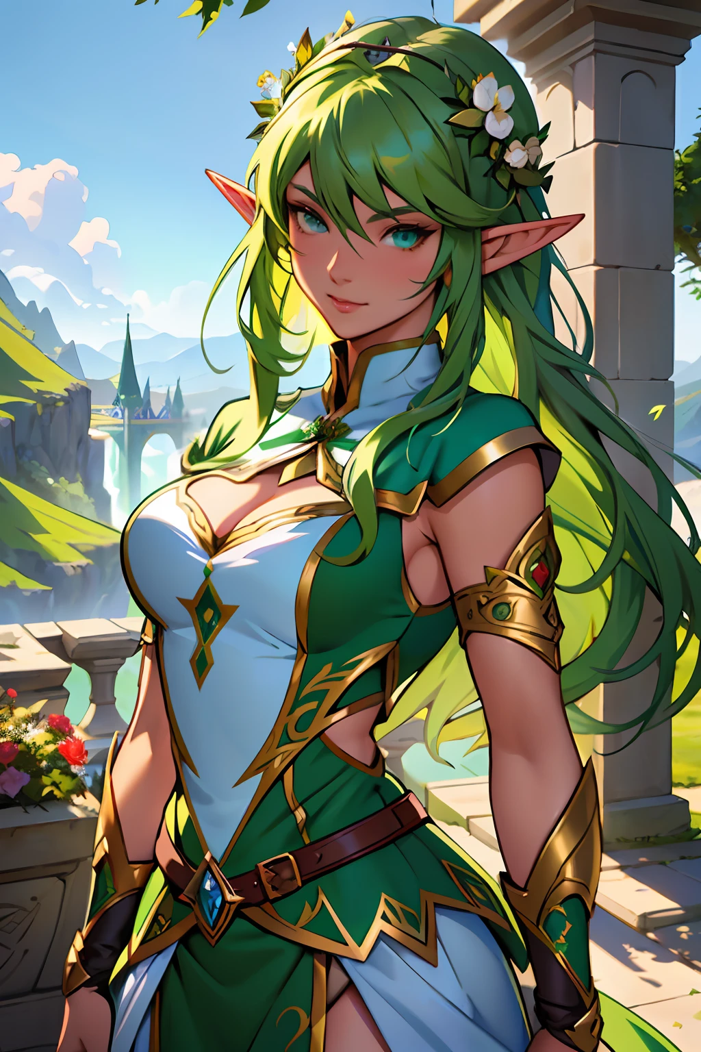 a close up of a woman with green hair and a green dress, Elf Girl, Extremely detailed Artgerm, alluring elf princess knight, fairy queen, An elf queen, wlop rossdraws, Female elf, Elf Princess, Artgerm on ArtStation Pixiv, elf girl wearing an flower suit, Fanart Meilleure ArtStation, portrait of an elf queen