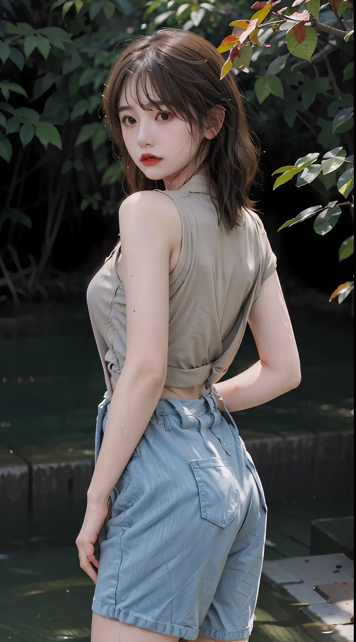(Lora style:1.3),Beautiful sexy asian girl,short detailed hair,Extremely detailed picture quality,Movie lighting,(Best quality),(Best Masterpiece),(Photography Award),(8k wallpaper),Extremely detailed anatomy of the body,Very detailed depiction of the face,tight costume,(Delicate skin:1.8),(ass big:1.8);(Full breasts:1.8),(obvious muscle lines:1.5),(Red and black spacer shorts:1.8),(Complete hands),Plump buttocks,Thighs exposed,Upper chest exposed,(tropical jungle:2.0),(Dense jungle),(oases),(giant and wet trees),(The vista has hidden monsters),(Adventure movie theme),Full body appearance