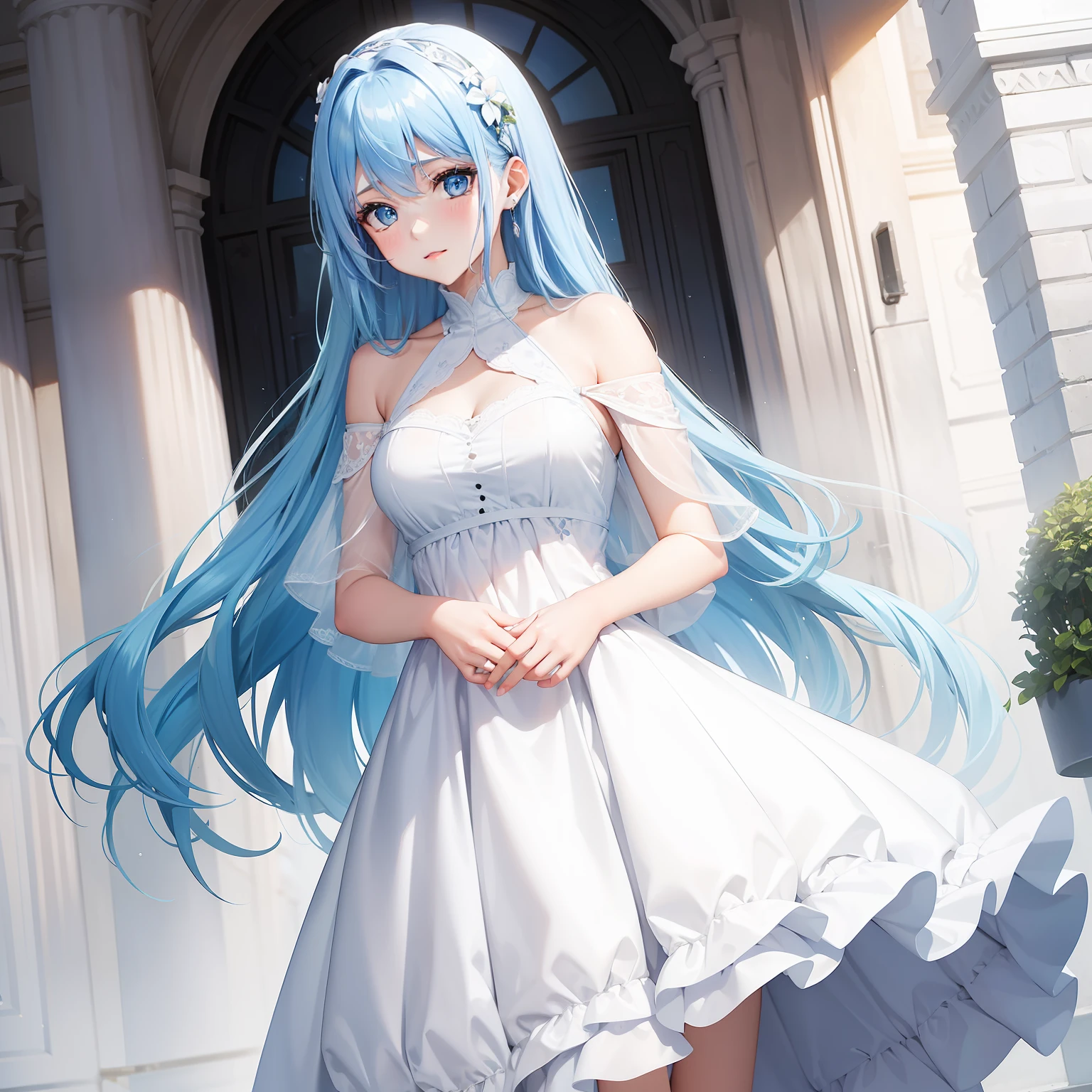 a women, blue hair, blue eyes, white dress