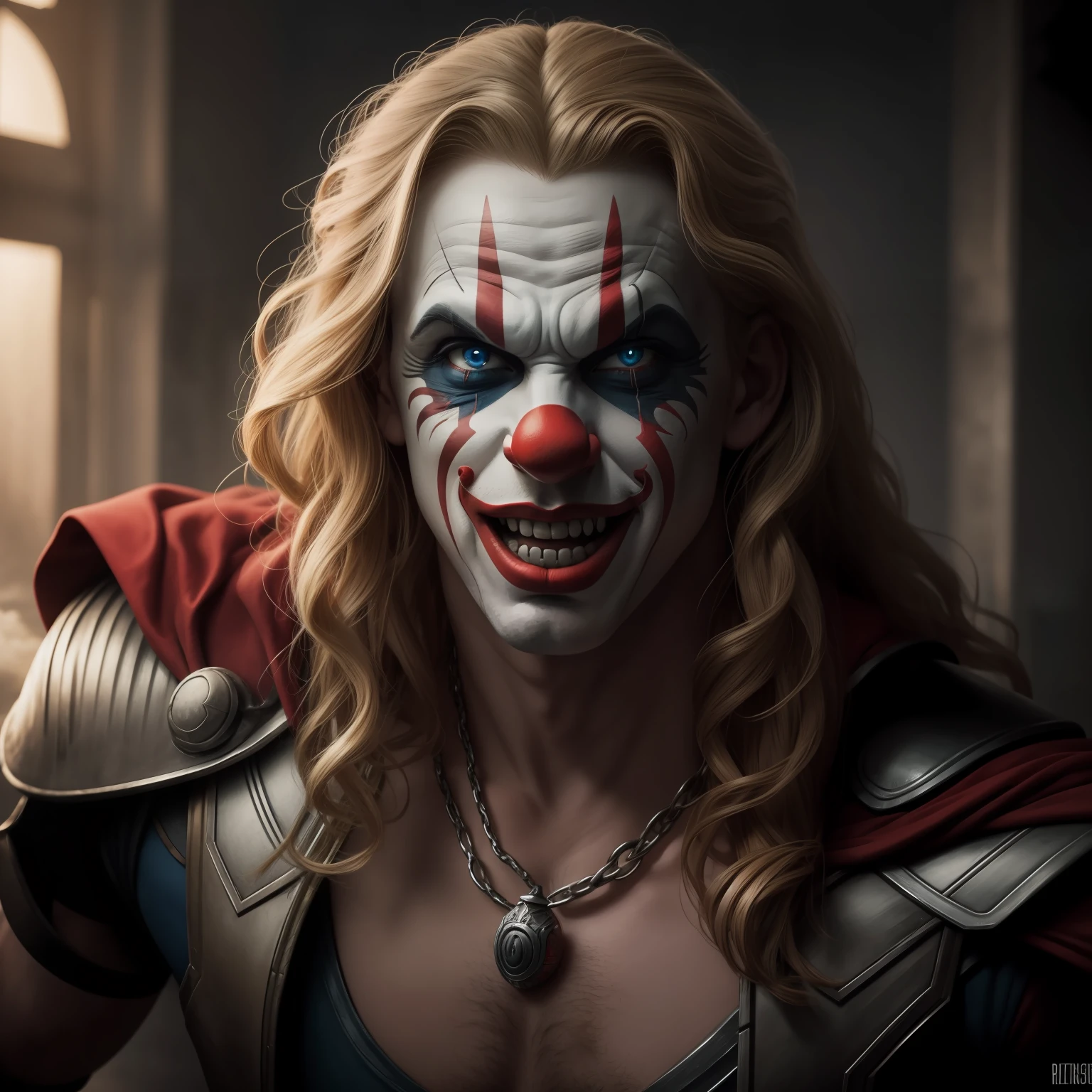 Dramatic Thor as a clown, funny clown face, cinematic, extreem realistic, extreem detailed, extreem Sharp, half body shot