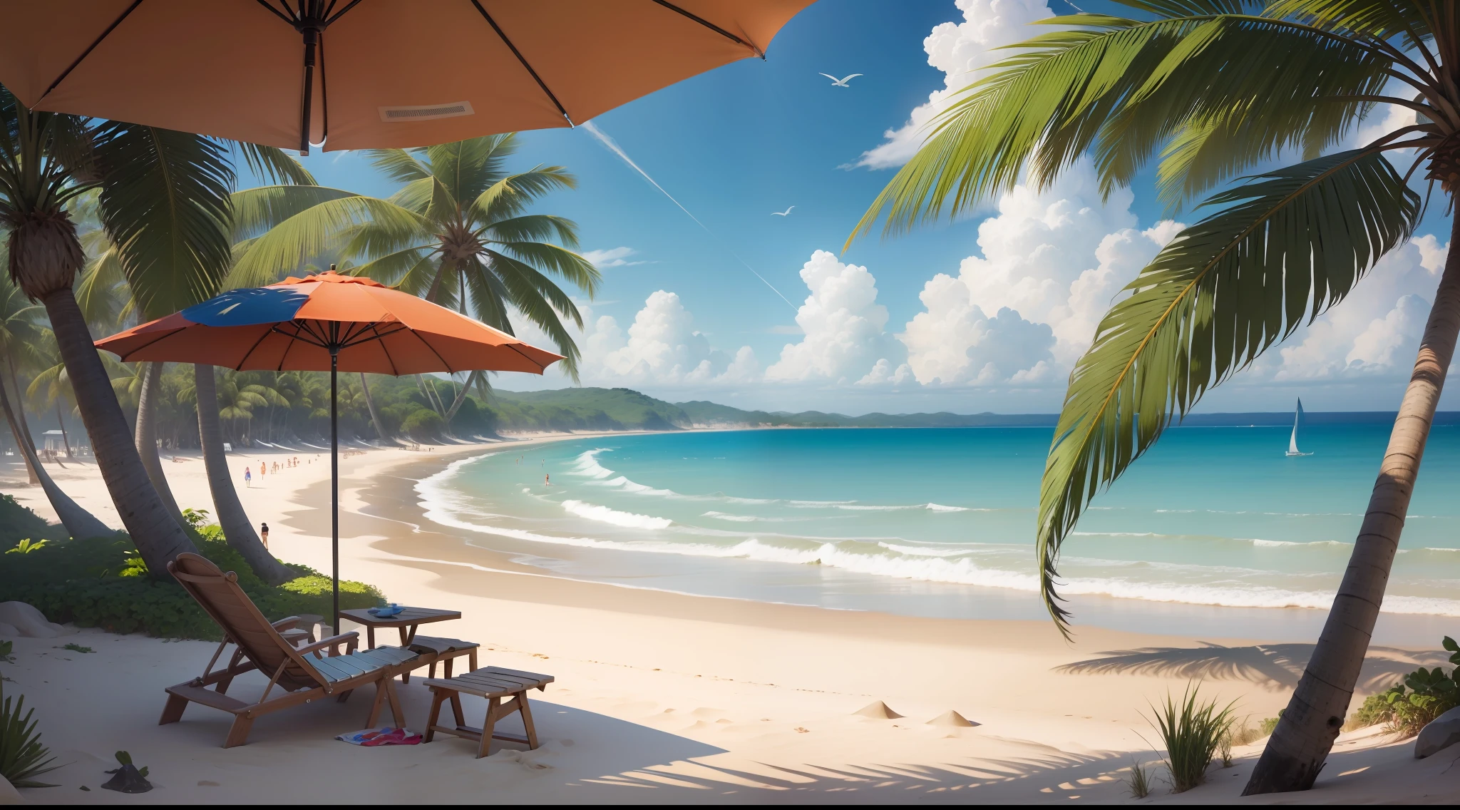 Faraway view,beachside,sandbeach,and the sun was shining brightly,Someone surfs on the sea,There is a small deck chair on the beach in the distance,There is a parasol in the distance,The is very detailed,best qualtiy
