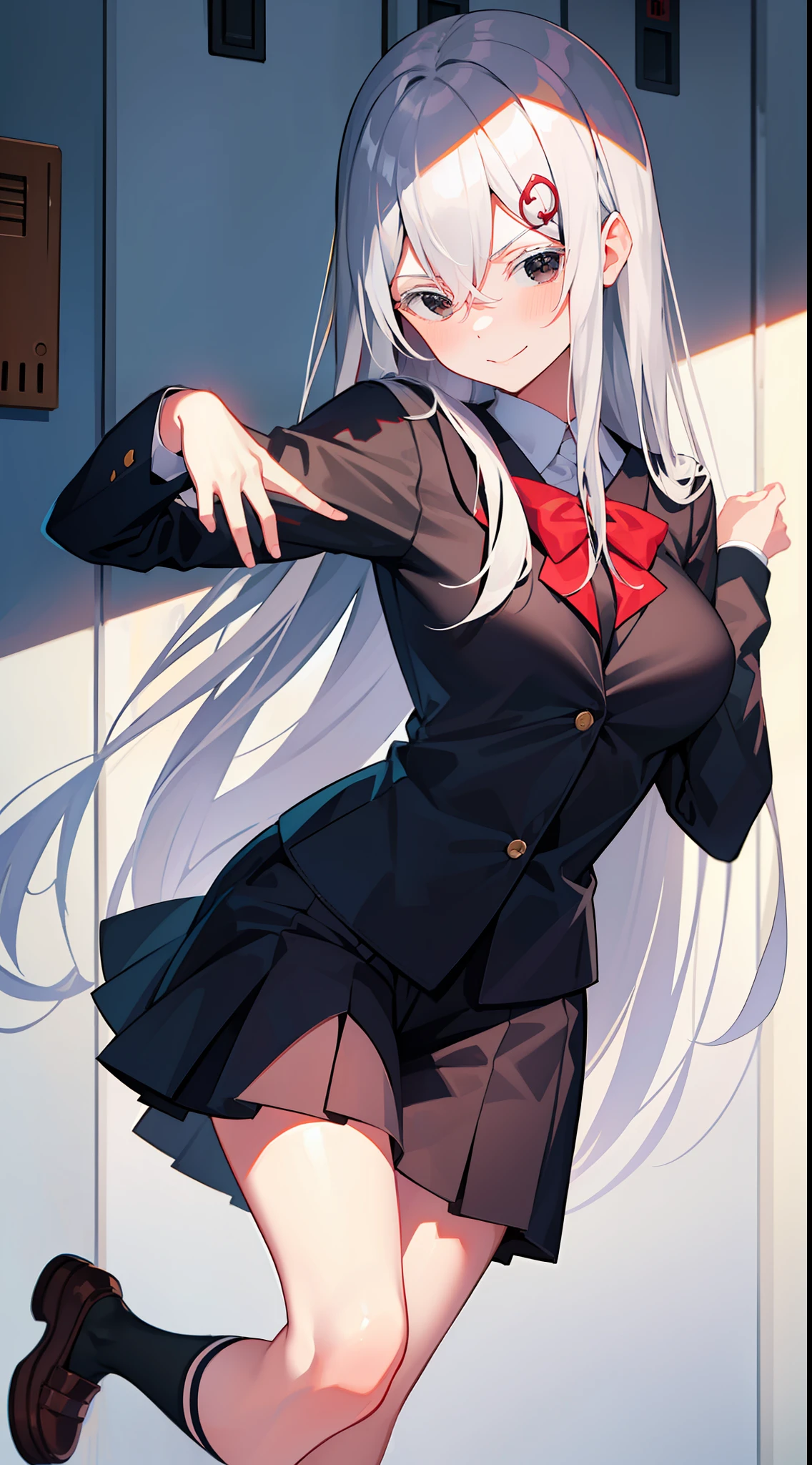 school sailor uniform, at school, near shoe lockers, arrogant expression, domineering smile, masterpiece, best quality, silver hair