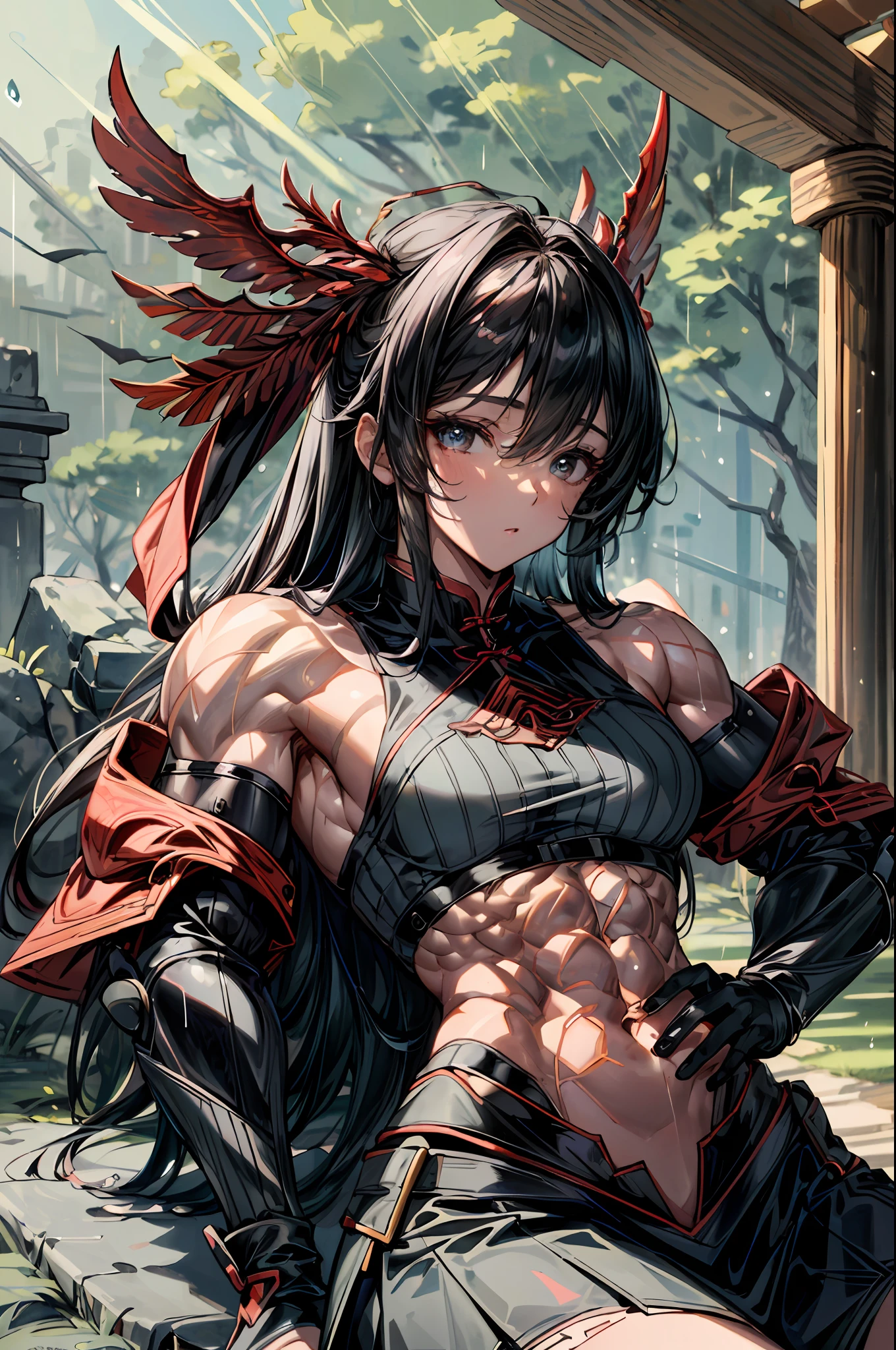 8K, complex, elegant, Highly detailed, Majestic, Digital photography, cowboy lens, surrealism painting, Broken rubies, Beating magic, Entwined fire magic, (Masterpiece, Side light, Fine beautiful eyes: 1.2), hdr, Void 5 Energy Storm, (Chinese girl, Black eyes: 1.5), Pale skin, Glowing skin, ( Sitting on a stone: 1.5), Delicate face, Black hair, Wearing palatial red armor, Bare shoulders, navel, Short skirt, Exquisite red armor, rained, Beautiful, Looking at the audience, Turn away from the camera, Masterpiece, Upper body,Portrait,Muscular,musculature,Strong,Abs