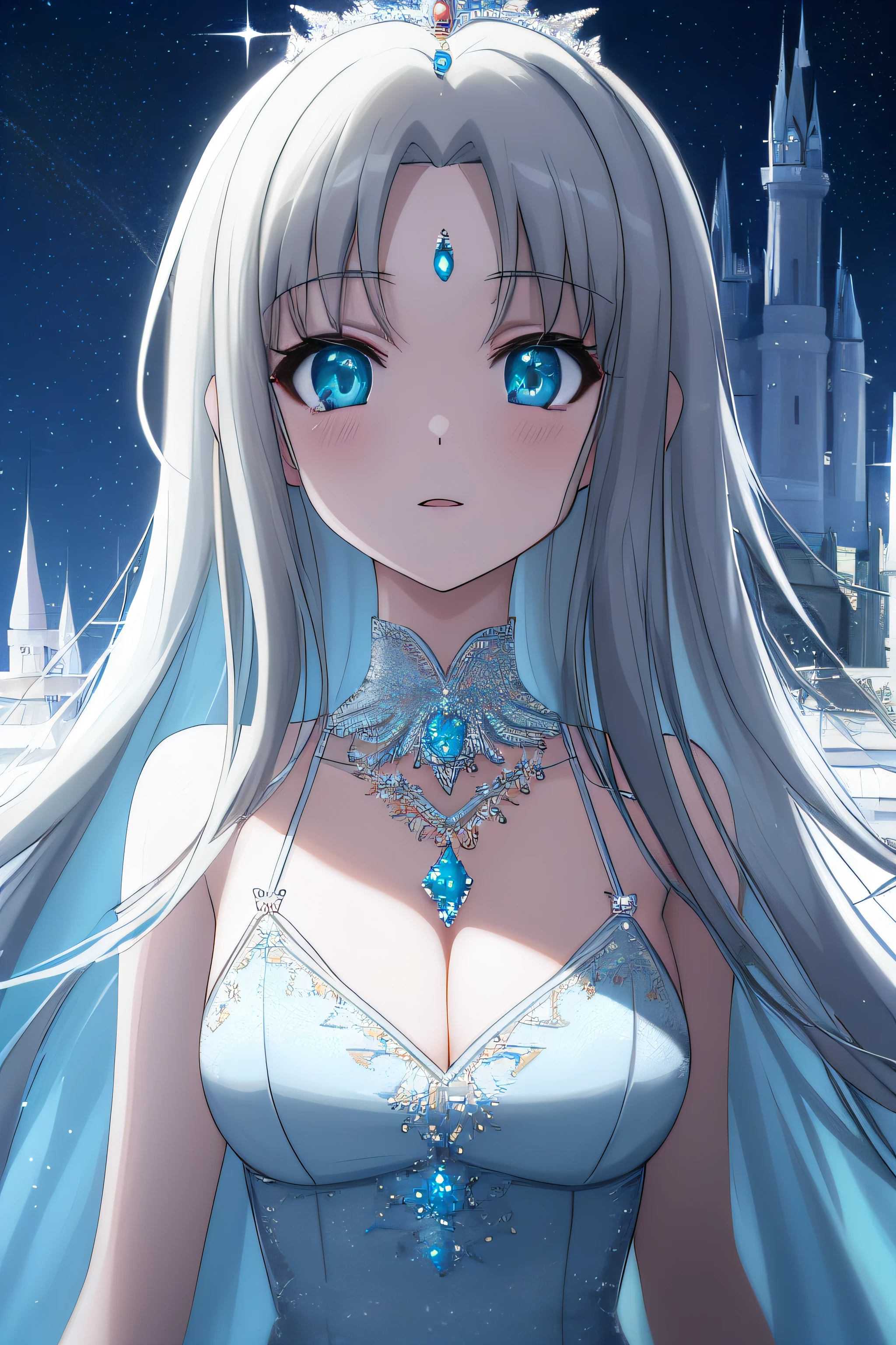 8K，ultraclear，best qualtiy，tmasterpiece，1girll，Big star，Delicate ultra-clear face，Cute eyes，Delicatemakeup，Bejeweled Crown，Gorgeous necklace，Sparkling castle background，starrysky，Princess dress，half-body portrait，Normal attire