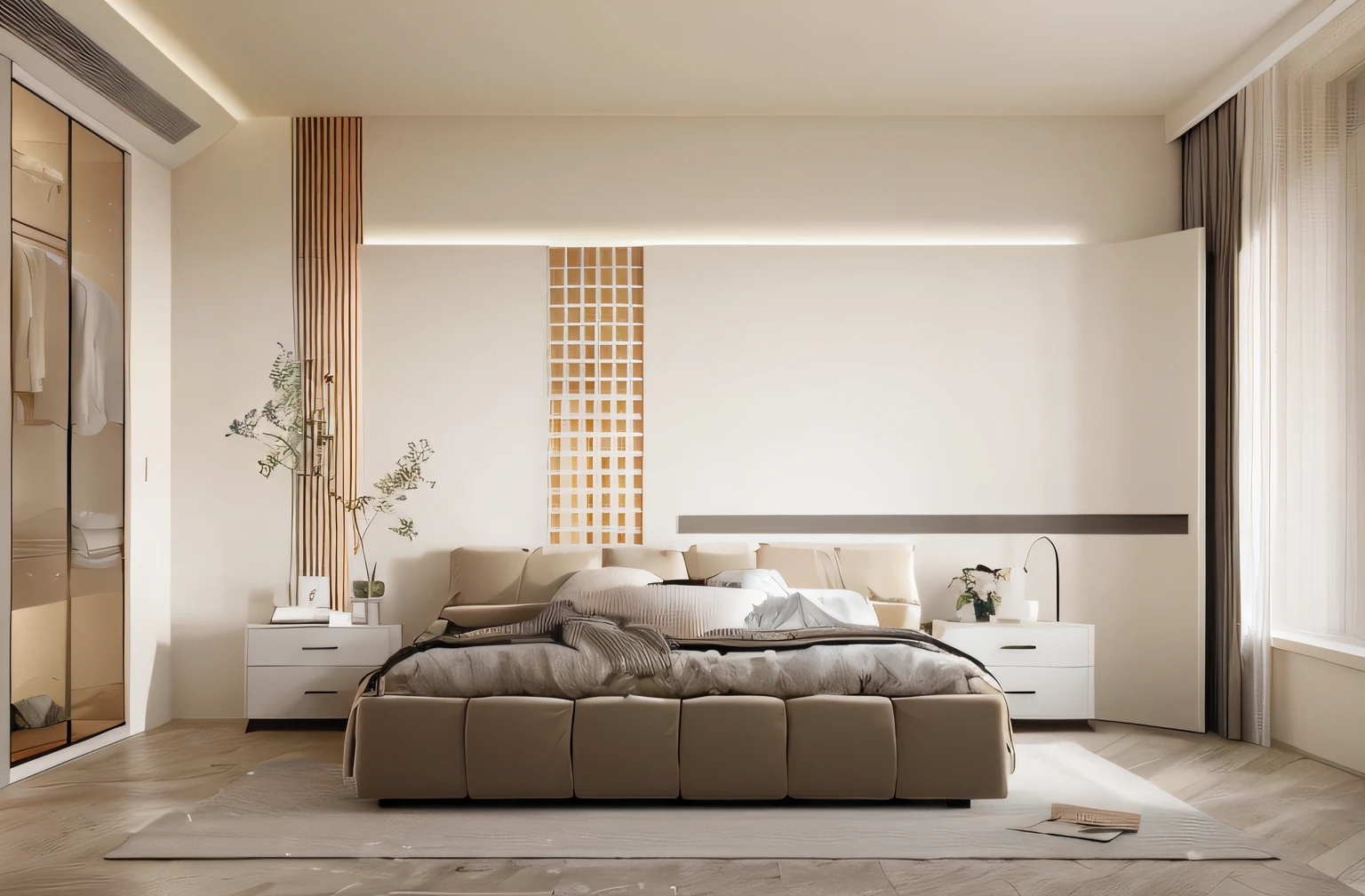 The Alafard bedroom has a queen-size bed and a large window, Bed room, cream - colored room, White bed, Bed, large comfy bed, serene and peaceful style, modernsimplicity, serene bedroom setting, bed on the right, sand - colored walls, bed is not made, simple clean lines, vray rendered, vray 8k render
