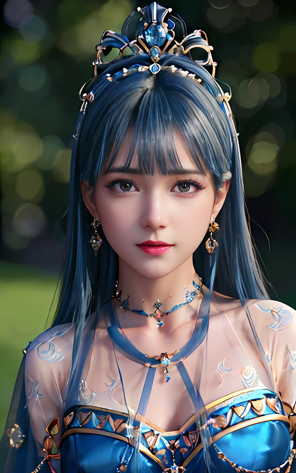 ((realisticity: 1.2)), ((best resolution: 8K UHD)), best quality,masterpiece,highres,cg, ((1 super detailed and super realistic girl)), ((very beautiful queen dazzling, super realistic, and super detailed)),((white skin, beautiful, smooth, youthful, super realistic and super detailed )), short hair, ((super realistic and super detailed dress)), solo, ((super realistic, super beautiful, gorgeous and super detailed jewelry)), ((super beautiful, super realistic and super detailed dark blue and golden yellow dress)), ((super beautiful, super realistic, super detailed diamond filled earrings)), ((super beautiful, super realistic and super detailed diamond filled hair ornament)), ((super beautiful upper body, super beautiful, super realistic and super detailed)), ((big breasts: 2.5)), ((super grand, super realistic and super detailed royal palace backgroun)) ((super beautiful, super beautiful, super realistic and super detailed hair bun)), ((super beautiful, super realistic and super detailed blue hair)), candid, Photograph, high resolution, 8k,Bokeh,
