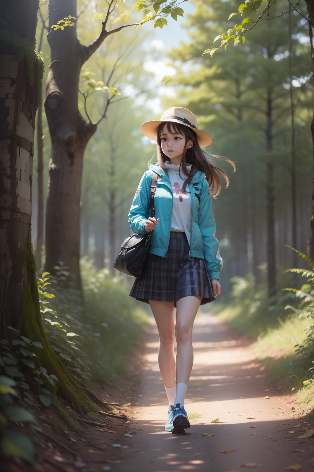 with blue sky and white clouds,ln the forest,There is one girl,taking a walk