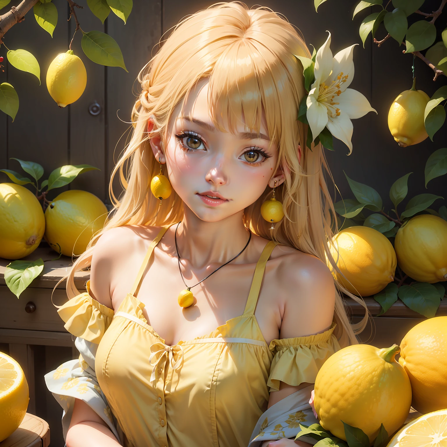 「Bright lemon beauty」Titled、Let's draw an illustration of a lemon drawn like a human woman。
Specific images include、:、Garnish the head with lemon、It might also be a good idea to depict a woman in a bright outfit that incorporates lemon shades.。pure、Lemons and Related Accessories(NP、Lemonseed motif necklace and earrings, etc.)In your design。In the background、If you draw a lemon tree or flower、It creates a greater sense of unity。