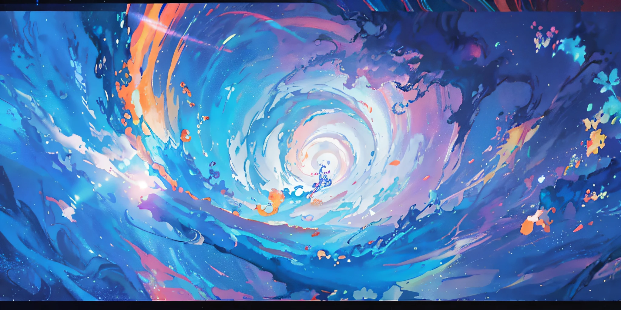 Anime art with spiral swirling blue sky and orange lights, swirling water cosmos, swirling scene, dreamy psychedelic anime, ufotable art style, anime abstract art, Makoto Shinkai Cyril Rolando, colorful anime movie background, Beautiful art UHD 4 K, paint swirl aesthetic, Inspired by Cyril Rolando, cloud vortex, jen bartel