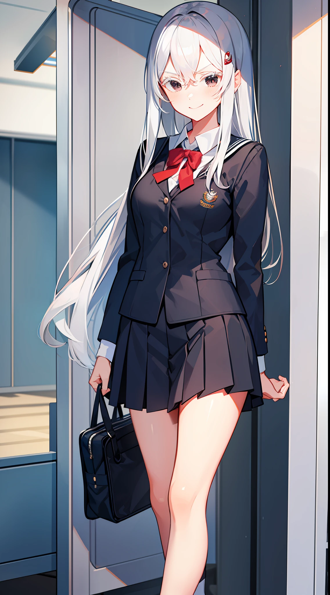 school sailor uniform, at school, near shoe lockers, arrogant expression, domineering smile, masterpiece, best quality, silver hair