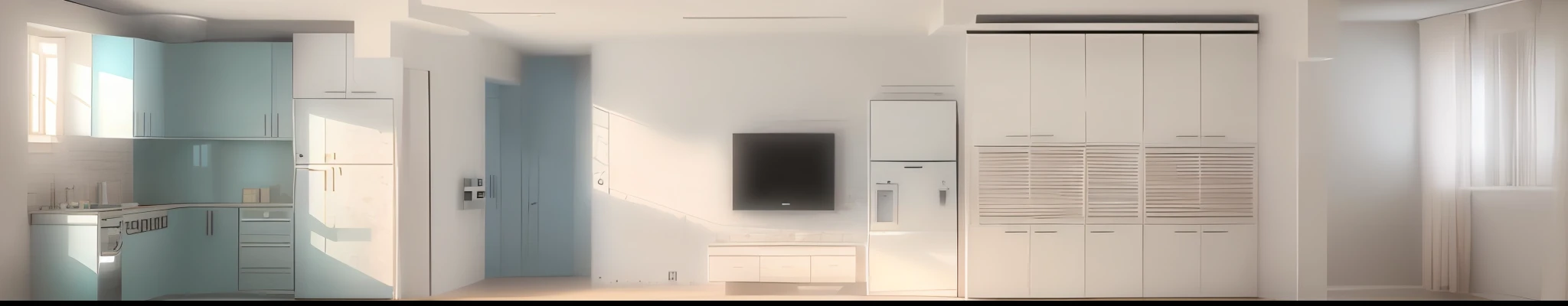 Rendering of the room with washing machine and dryer,From kitchen to living room，Then go to the bedroom balcony to render the section name， 4K， straight camera view, profile view perspective, , conceito，apartment design, (Masterpiece),(High quality), Best quality, Real,(Realistic), Super detailed, (fulldetail),(4K),8K,