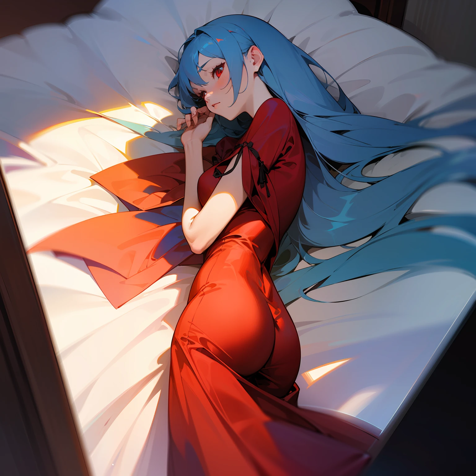 artistic photograph, Real light and shadow ,bedroom,((red silk nightdress)),1 beautiful girl,The upper part of the body,(((Long light blue hair))),Red eyes,(long hair)