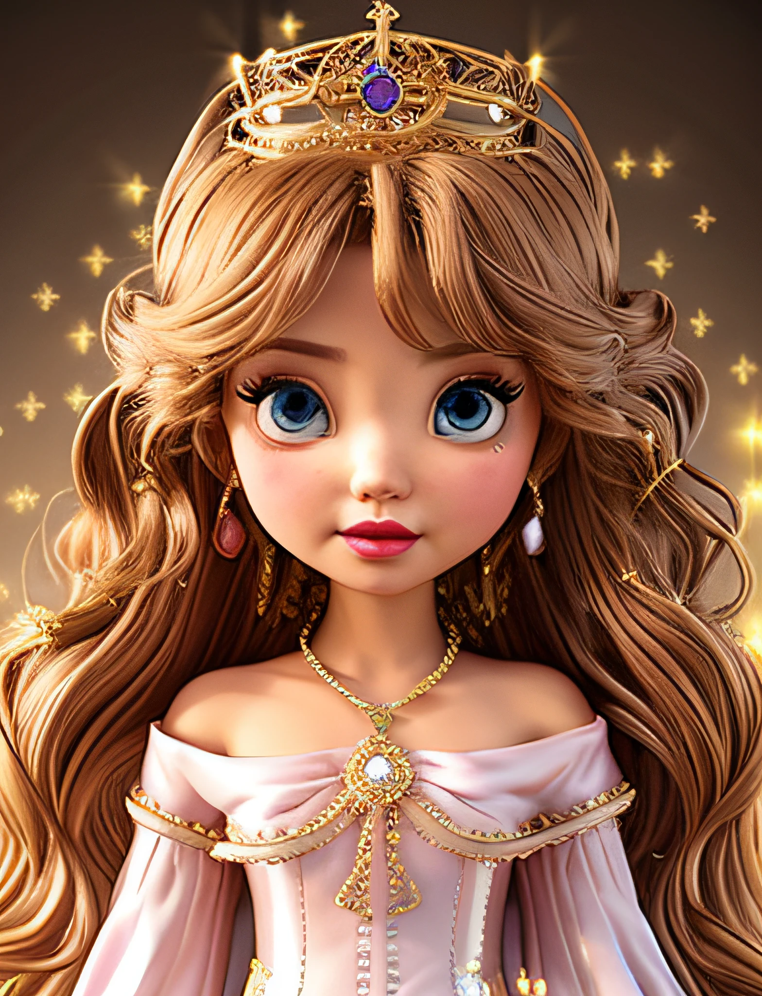 royal , disney style  ,Cartoon ,clear face, portrait of a beautiful woman,light brown hair, light brown eyes, lip color pink like Asian girls' lips, small nose, small ears, precious stones on a shiny crown, medium length hair, long eyelashes, light skin tone, High contrast, (better lighting, extremely delicate and beautiful) beautiful and detailed brightness, 3D, HIPER quality, 2K, 3K, 5K, 6K, 7K, 8K