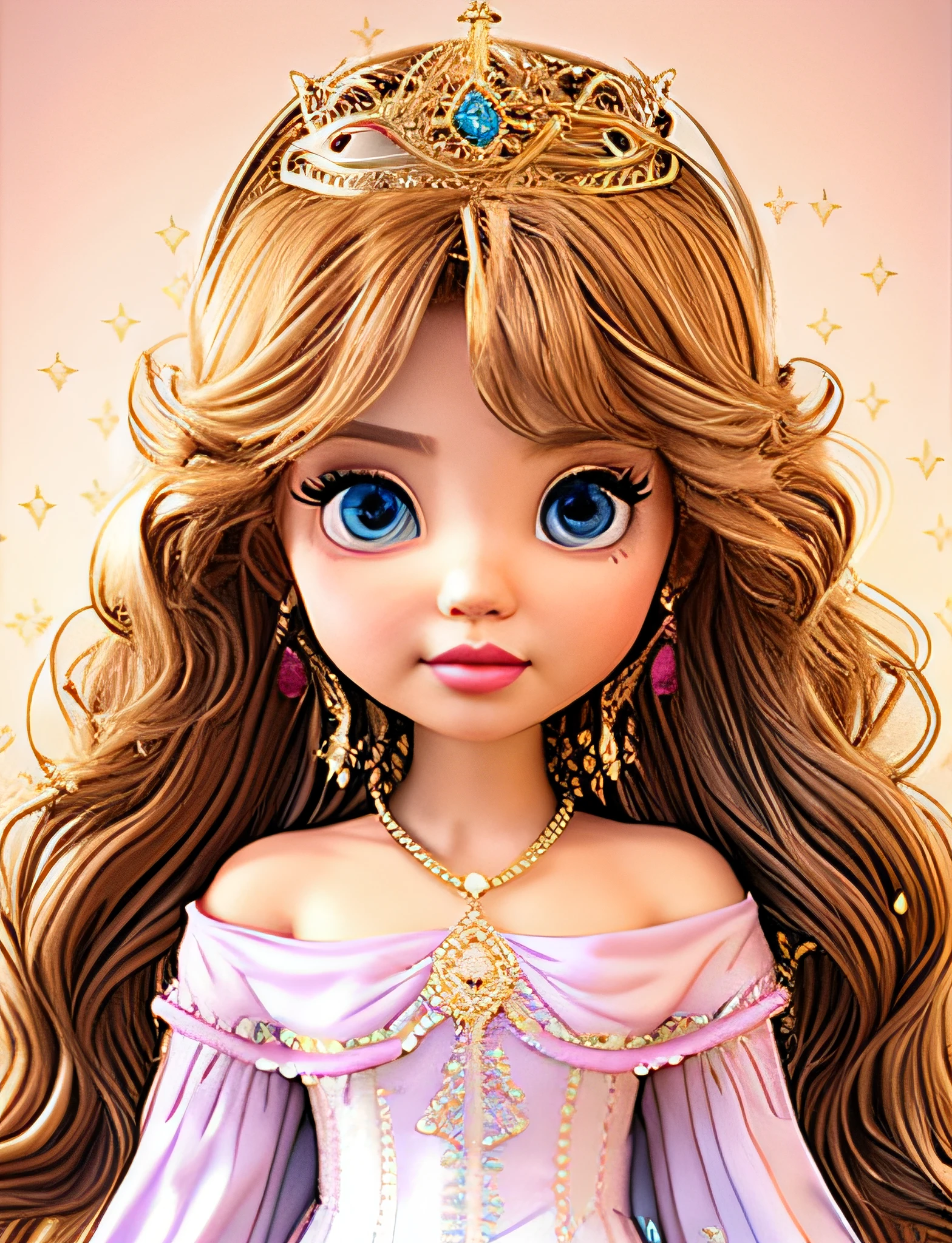 royal , disney style  ,Cartoon ,clear face, portrait of a beautiful woman,light brown hair, light brown eyes, lip color pink like Asian girls' lips, small nose, small ears, precious stones on a shiny crown, medium length hair, long eyelashes, light skin tone, High contrast, (better lighting, extremely delicate and beautiful) beautiful and detailed brightness, 3D, HIPER quality, 2K, 3K, 5K, 6K, 7K, 8K