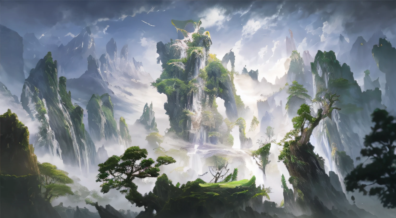 Draw a mountain,There is a waterfall and a tree in the middle, highly detailed fantasy art, 2. 5 D CGI anime fantasy artwork, Detailed digital 2D fantasy art, 4k highly detailed digital art, detailed fantasy digital art, Art fantastique grand angle, Anime epic artwork, author:Wu Zhun Shi Fan, chinese dragon concept art, by Yang J