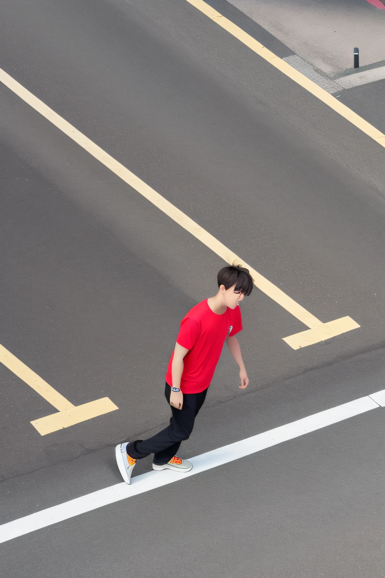 There was a man walking across the street with a skateboard, standing in a parking lot, at the parking lot, Parking outside, set in tokyo bank parking lot, only one robot kid on the ground, Have on the street, walking boy, grainy low quality, park jimin, jungkook, parking lot, author:vivy, random artist