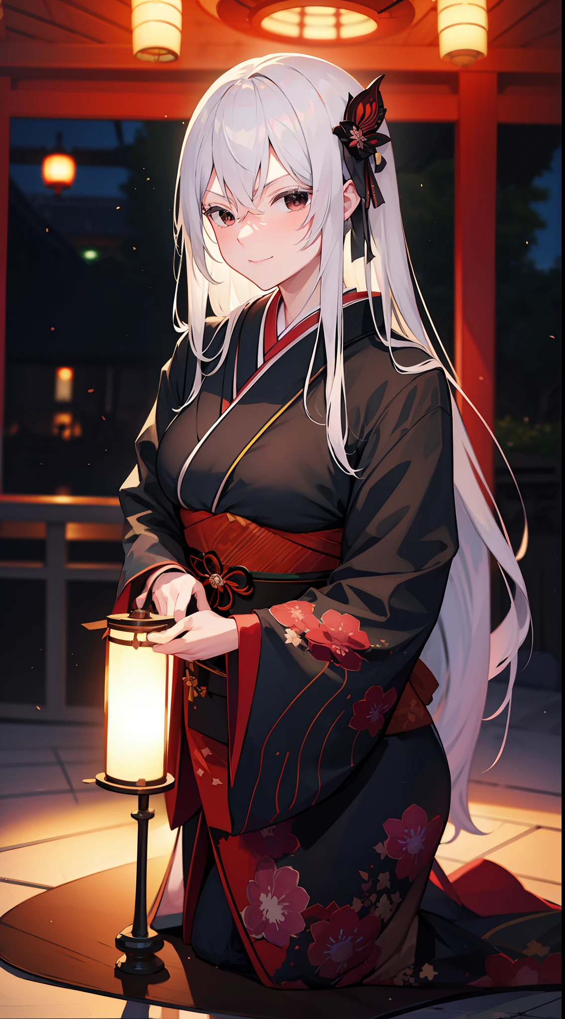 dark kimono, at japanese festival, arrogant expression, domineering smile, masterpiece, best quality, silver hair