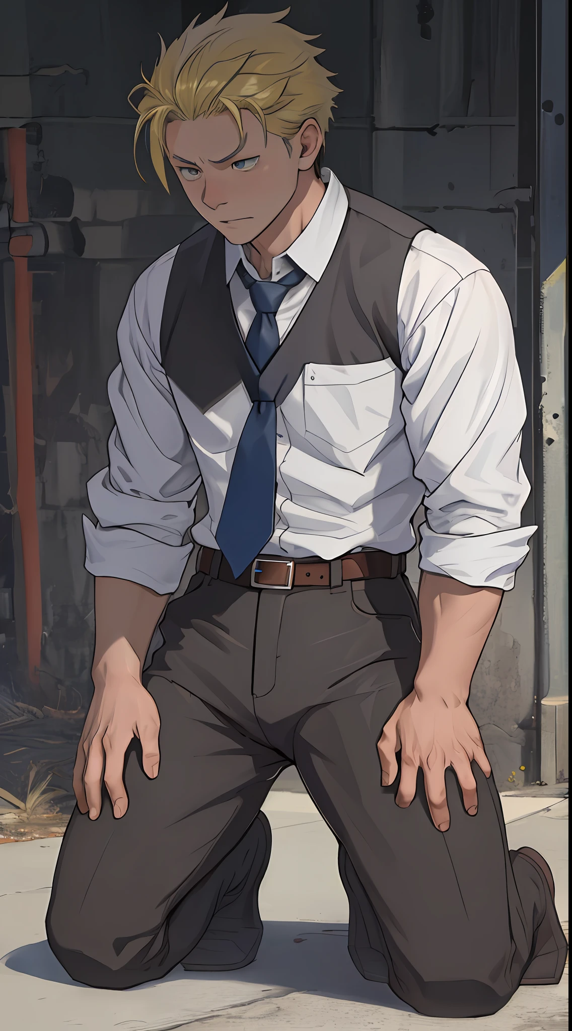 (1 Adult male),A high resolution, Sharp focus, Pixiv masterpiece, ((Complicated details)), highly detailed, natsuki_subaru, 1 man,Defeat, crestfallen,full bodyesbian,kneels on the ground, (A gesture of pleading),blue color eyes(eyes glowing), Short yellow hair,white shirt,Wear a tie,Wear a belt,perspire,look from down