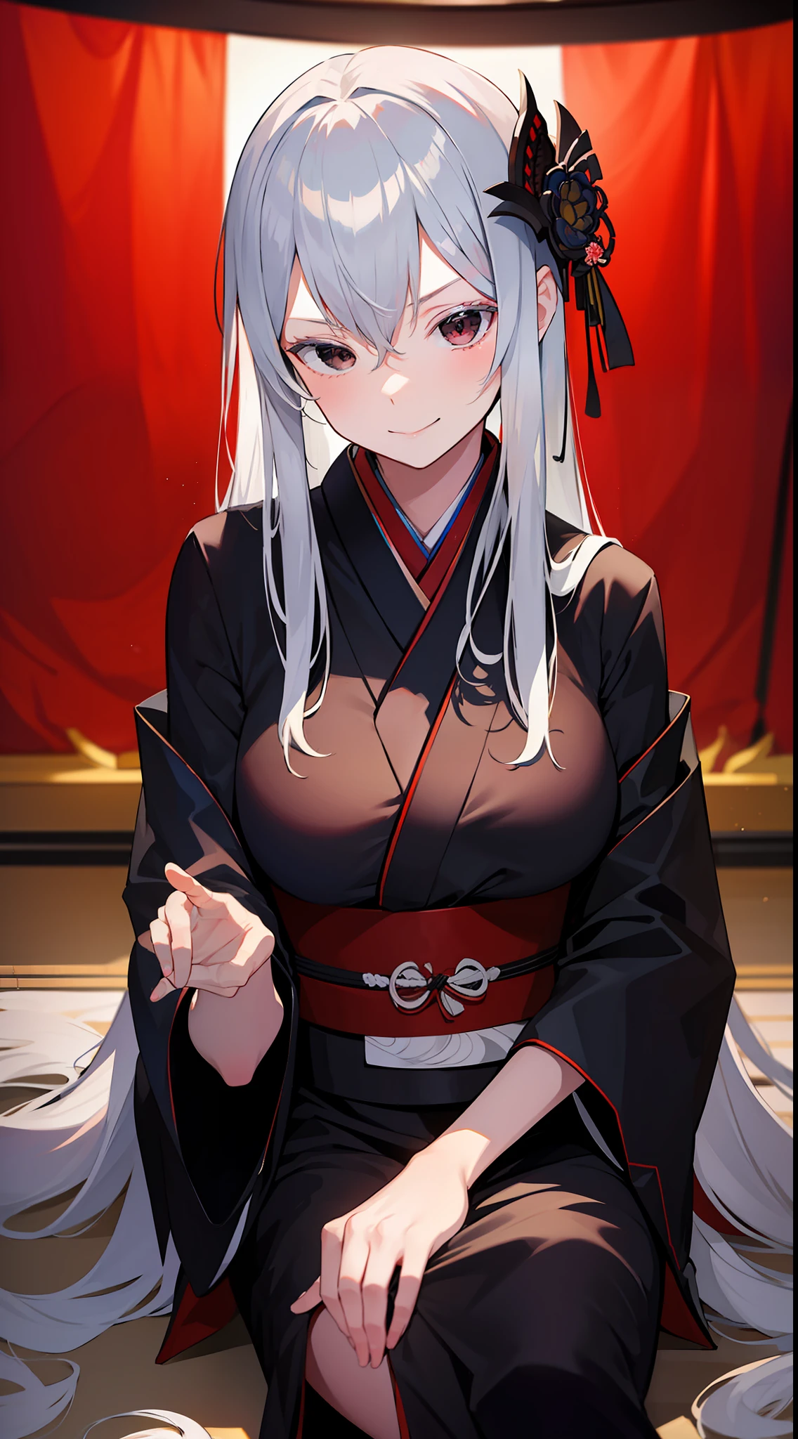 dark kimono, at japanese festival, arrogant expression, domineering smile, masterpiece, best quality, silver hair