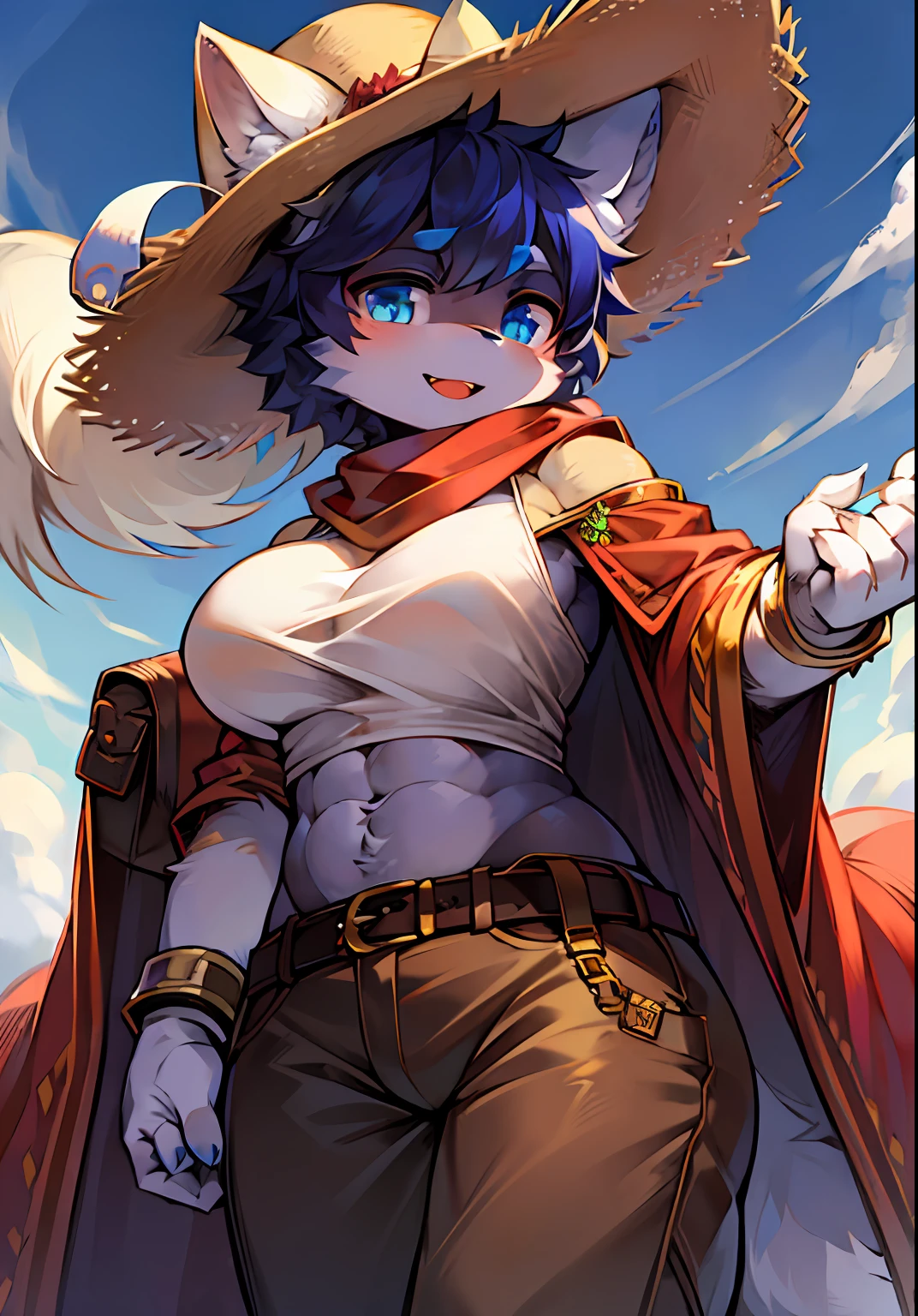 solo person,Beautiful eyes,Mao people,being thin,cute big breasts,Wolf mouth wolf ears,ssmile,largeeyes,Wolf ears,,sun light,Thick Mongolian robe with upper body and neck scarf,Wear a cowboy hat,Lower body robes,Libido boy,short detailed hair,full body shot shot,orthofacial,sun light,Horizontal viewing angle,,Vibrant grasslands,Fluttering hair,whaite hair,Cowboy straw hat,Fleece cuffs,Bandages on hands and bandages on feet,Belt belt bag 8K,A high resolution,high qulity,Beautiful wallpapers,high detal,Colorful,PBR rendering+UE engine,OC renderer,Furry wolf feet,hairy hand,Hand bands, foot loops, leg rings,Horizontal viewing angle,depth of fields,Background of details,s the perfect face,exquisite facial features,high qulity,high detal,fluffy ears,Clean face,White hands,White face,dark strong blue eye,illustratio,Beast too,Tall boy,Clear face,illustratio,Warm flannel for the cuffs of the clothes,cute face,Mao people,illustratio,Flat coating,dynamicposes,whitegloves,,hairy hand,Sunny steppe during the day,Youth look,whitegloves,with white colored bangs,Stand straight,Abs belly button,Whole-body proportions,Full body photo,Static standing,Abs belly button,Plush legs
