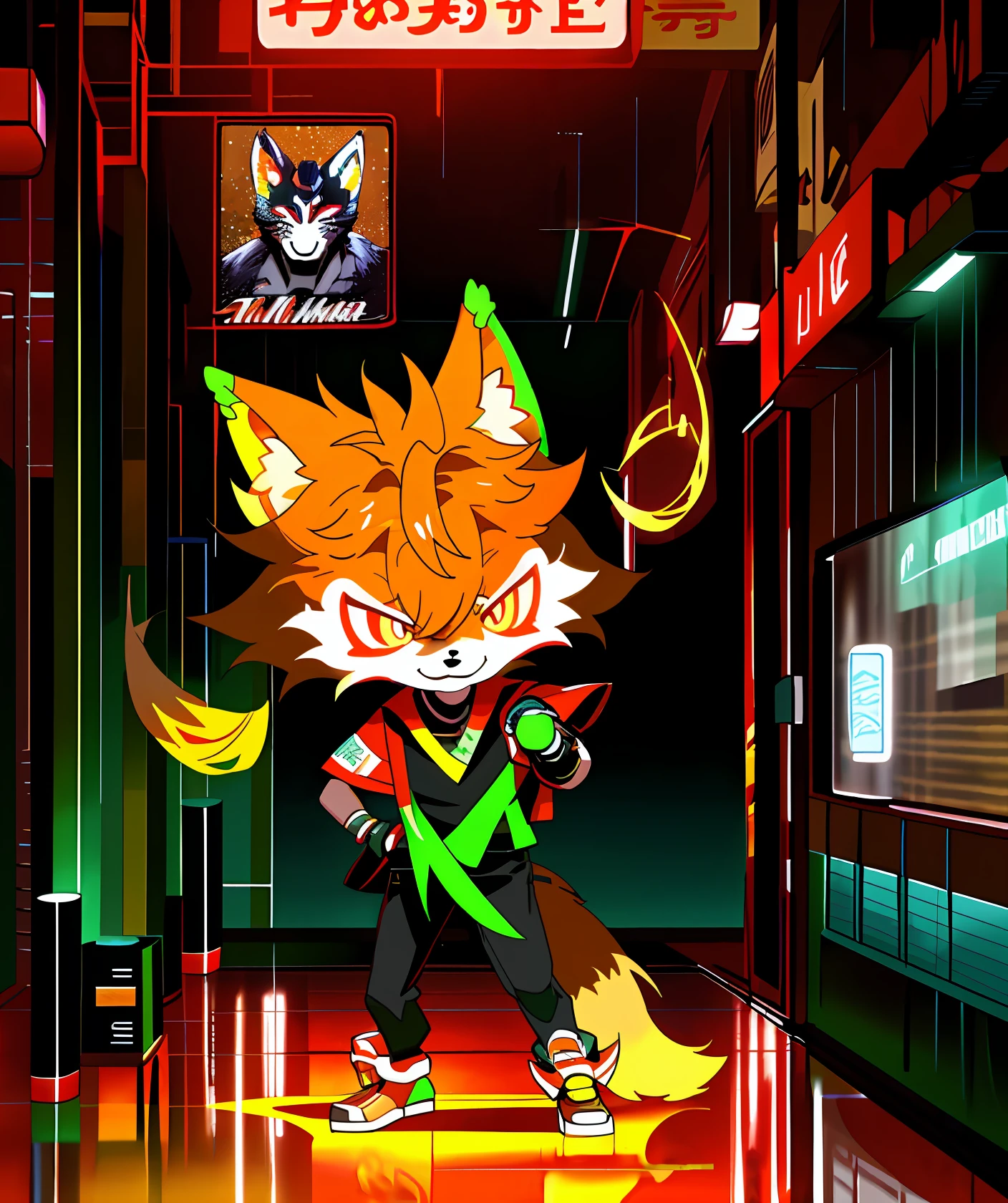 (tmasterpiece,best qualtiy),1 handsome fox standing in the corridor and on the street corner,It sits in a handsome pose,Flashing neon lights,Wear hip-hop costumes